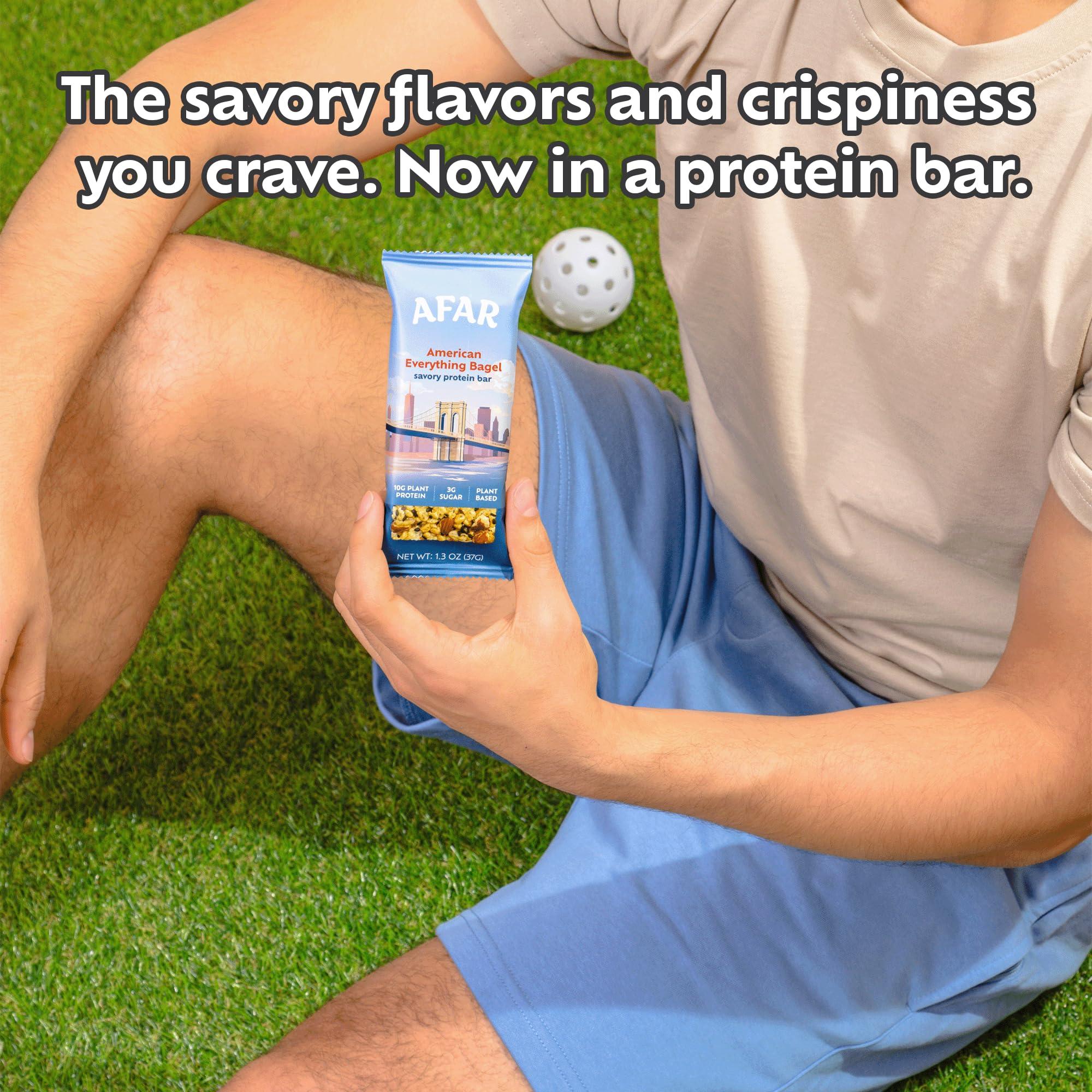 Afar Afar Savory Protein Bars Low Sugar, High Protein Healthy Snacks for Adults Meal Replacement Bar Rice Crispy Texture Vegan, Gluten Free (8 Bars, American Everything Bagel)