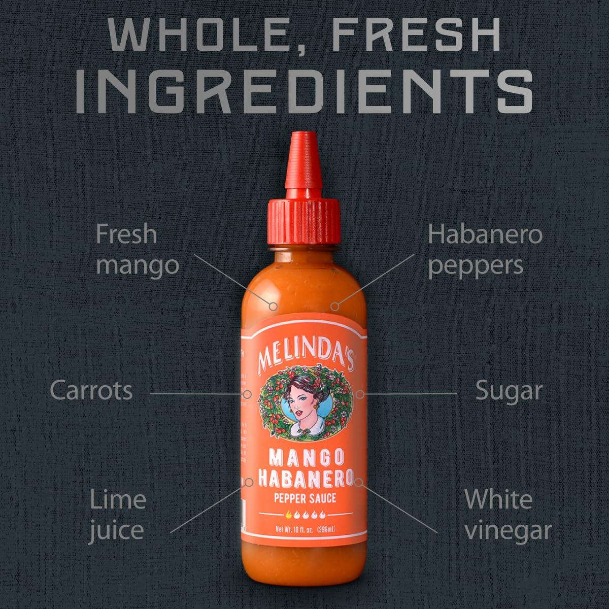 Melinda's Melindas Mango Habanero Hot Sauce - Sweet & Mild Mango Habanero Sauce Made with Real Mango, Fresh Peppers, Vinegar, Carrot & Lime - 10oz Squeeze, 1 Pack