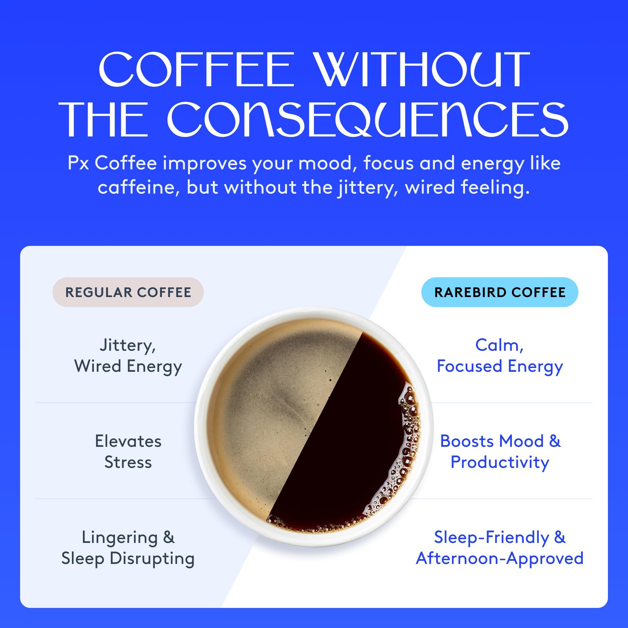 Rarebird Rarebird Award-Winning Px Coffee - 12 oz - Healthy Fresh Medium Roast, Ground Colombian Low Acidic Coffee - No caffeine, Mold Free, Jitter-Free, Caffeine Replacement, Mycotoxin free, Nootropic Coffee