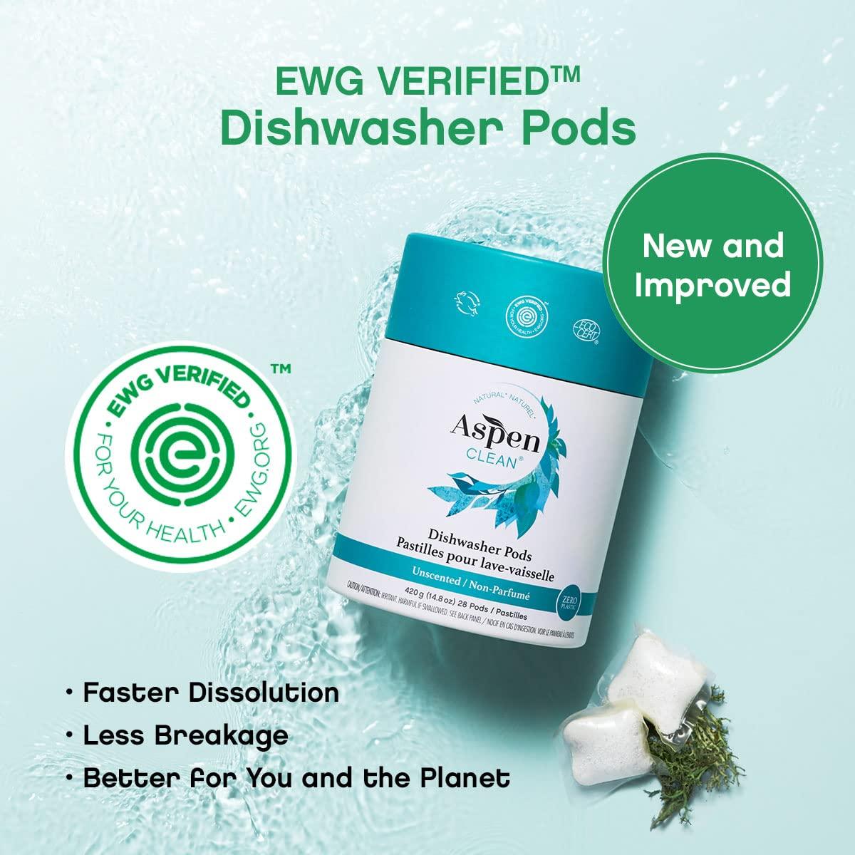 AspenClean Unscented Dishwasher Pods by AspenClean, Dye-Free, Zero Plastic, EWG Verified, Vegan, Eco-Friendly, Natural Dishwasher Detergent - 28 Count