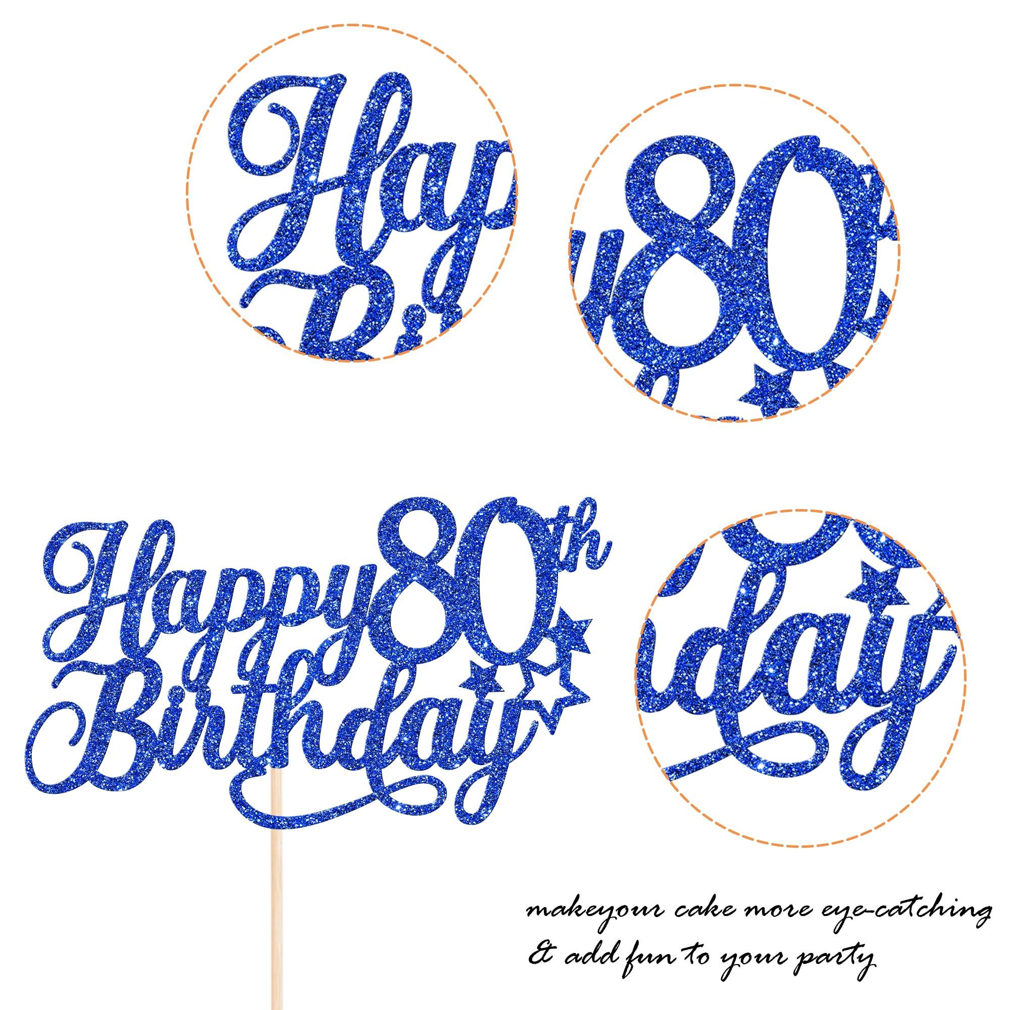 YCTHUNFISH 1 Pack Happy 80th Birthday Cake Topper Glitter Little Star Cheers to 80 Cake Pick 80 Fabulous Cake Decorations for 80th Birthday Anniversary Theme Party Supplies Blue