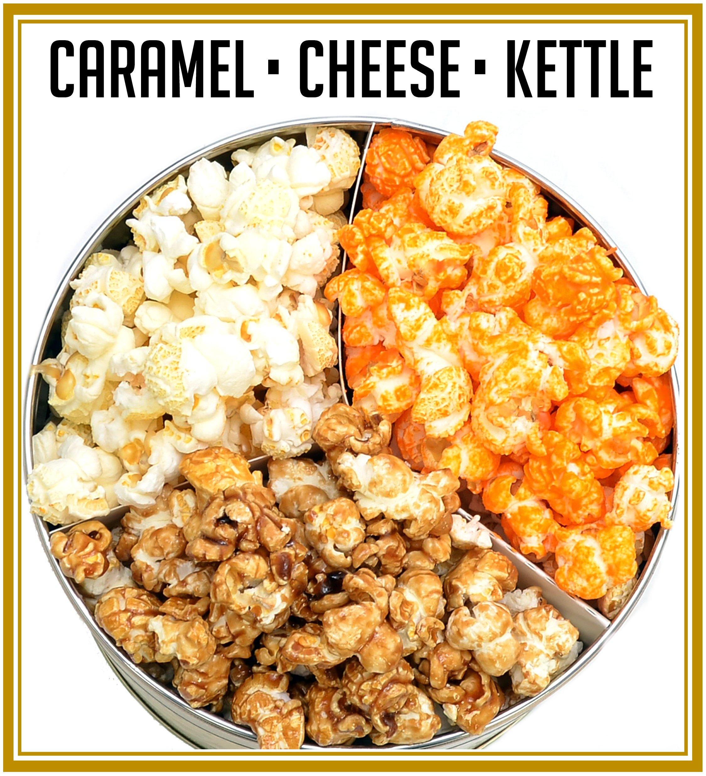 Pops Corn Gourmet Popcorn Gift Tin-Large 2 Gallon. Caramel, Cheese & Kettle Corn. Christmas Unique Gourmet Popcorn Thank you Gift for Women or Man Gift Basket for Coworkers, Secretary, Nurse or Employee Appreciation Gift Box