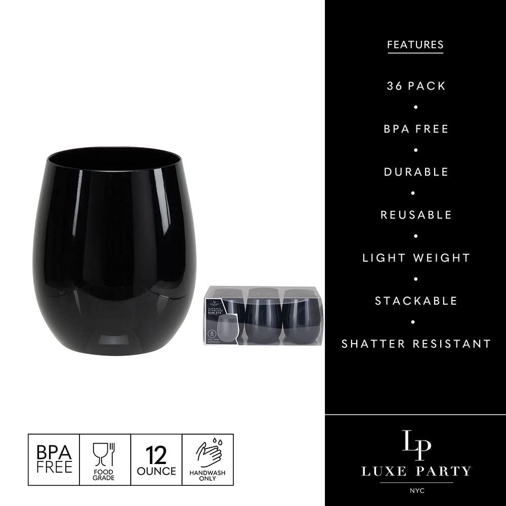 LUXE PARTY LUXE PARTY 36 Stemless Wine Glass Plastic, 12oz Black Plastic Wine Glasses For Parties Disposable Party Cups, Plastic Wine Cups, Wine Glasses Plastic Disposable Plastic Wine Tumbler