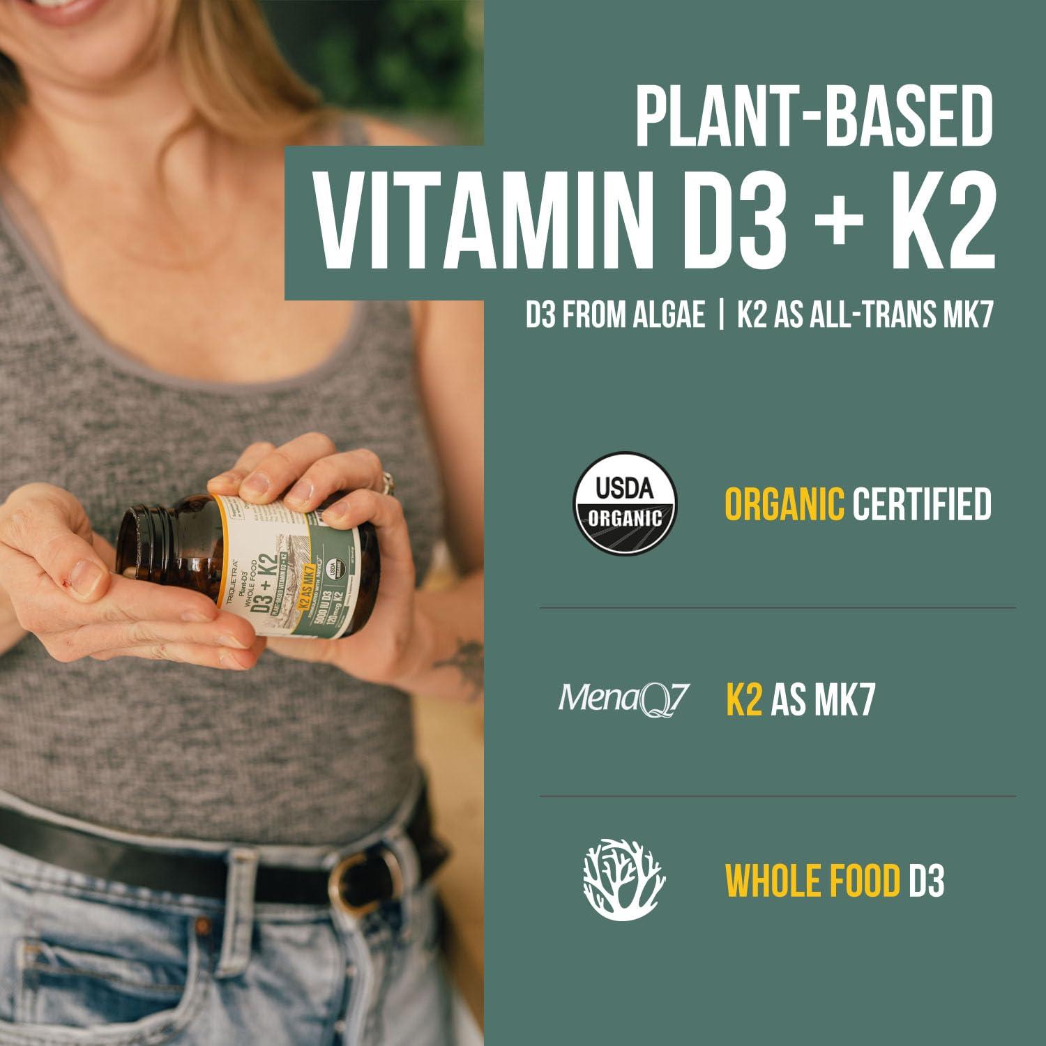 Triquetra Health Organic Plant D3 + K2 | 5000 iu D3 + 120 mcg K2 as All-Trans MK7 from MenaQ7 - 100% Whole Food, Raw & Vegan | Enhanced Digestion with Prebiotic & Superfood Complex D3 from Organic Algae (60 Count)