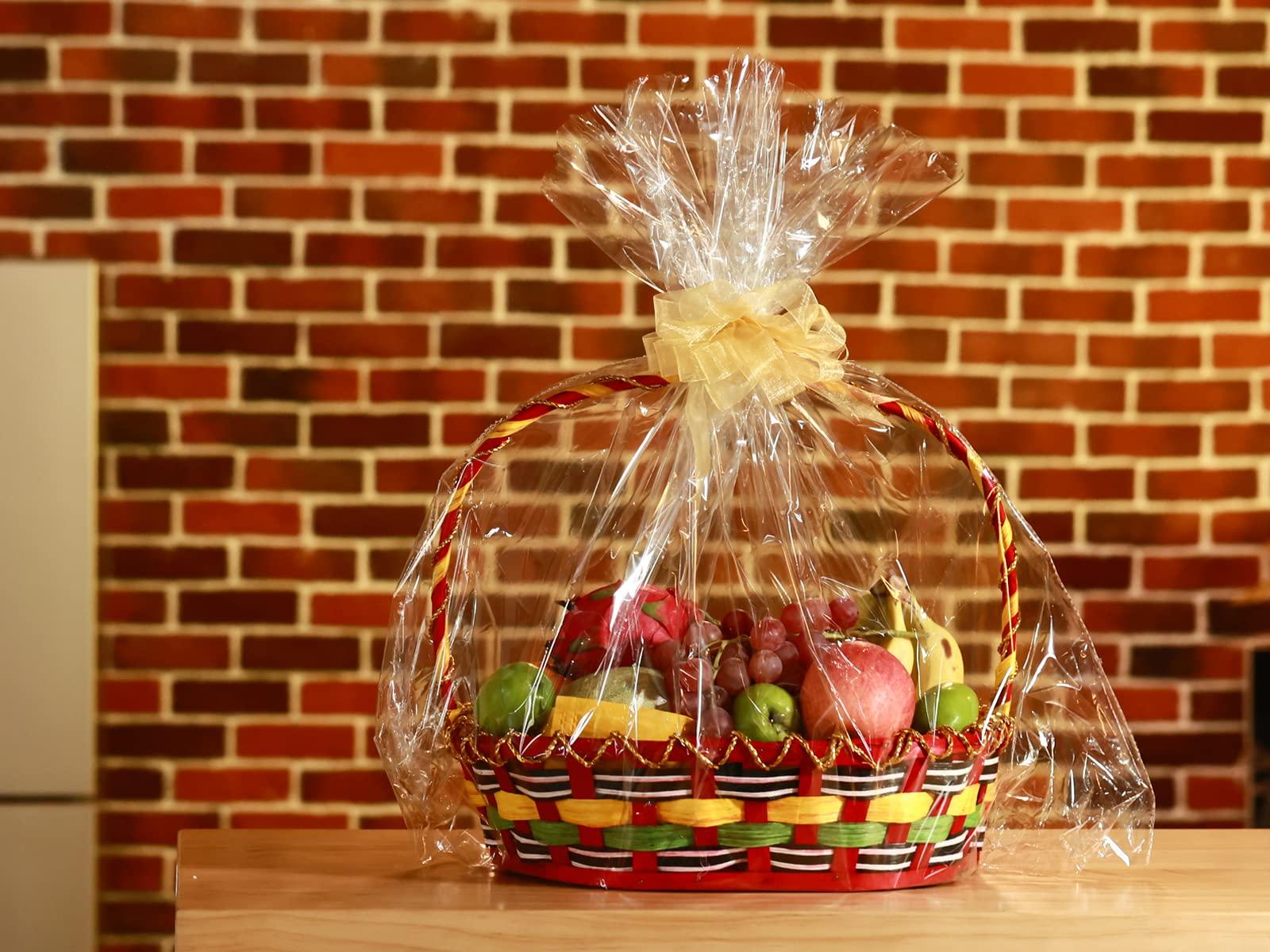 Circloophs 50 Packs Large Clear Cellophane Basket Bags 24\" x 30\" Cellophane Basket Gift Bags Heavy-duty Plastic Wrapping Paper for Gifts, Arts, Crafts, Treats, Chiffon Ribbon