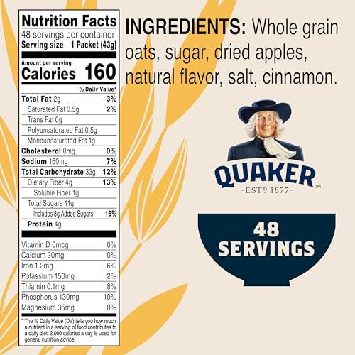 Quaker Quaker Instant Oatmeal, Apples and Cinnamon, Individual Packets (48 Count of 1.51 oz Packets), 72.8 oz