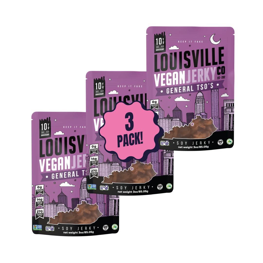 Louisville Vegan Jerky Louisville Vegan Jerky - General Tsos Vegan and Vegetarian Meat - Lip-Smacking Vegan-Friendly & Vegetarian Jerky - Non-GMO 14 Grams Soy Protein, Gluten-Free Low Fat High Protein Vegan Snacks - 3 oz, 3 Pack