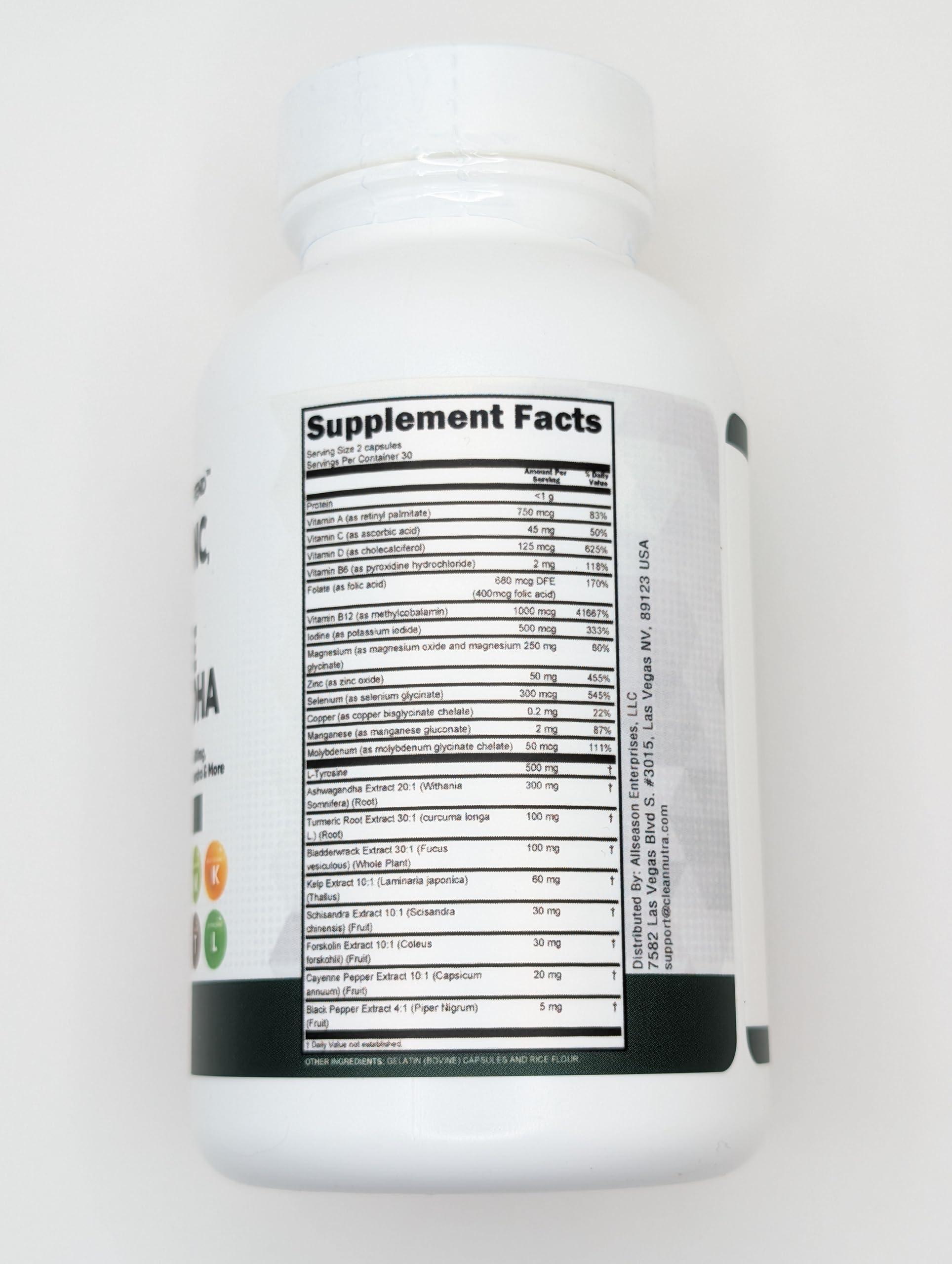 Clean Nutraceuticals Clean Nutra Selenium 300mcg Iodine 500mcg Thyroid Support for Women & Men | L Tyrosine 500mg Ashwagandha Supplement Bladderwrack, Turmeric, Kelp, Schisandra Zinc Pills Capsule Supplements