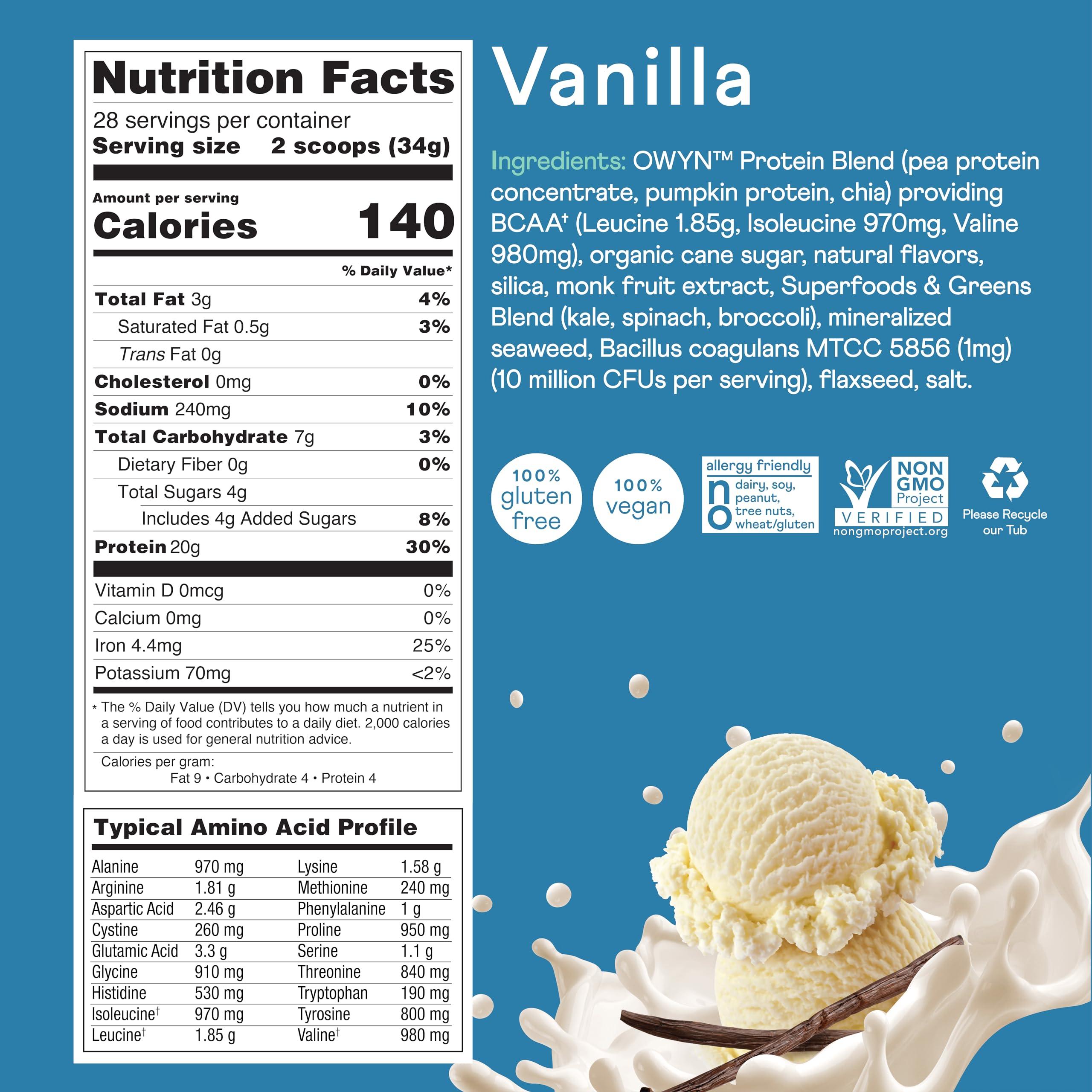 OWYN Only What You Need OWYN Only What You Need Plant Based Protein Powder with 20g Protein, Probiotics, Superfoods Greens, Pea, Chia and Pumpkin Seed Blend, Vegan, (Smooth Vanilla, 2.1 Pound - Pack of 1)