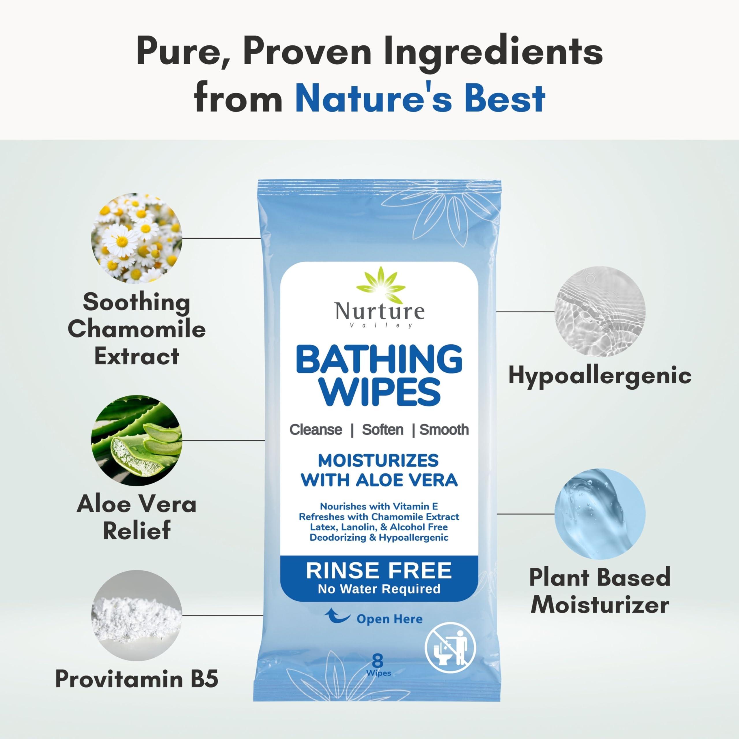 Nurture Valley Nurture Rinse Free Bathing Wipes for Adults w/Aloe | Waterless Cleansing for Sensitive Skin | Disposable Adult Body Bath Wet Wipe for Disabled, Bedridden | 192 Wipes