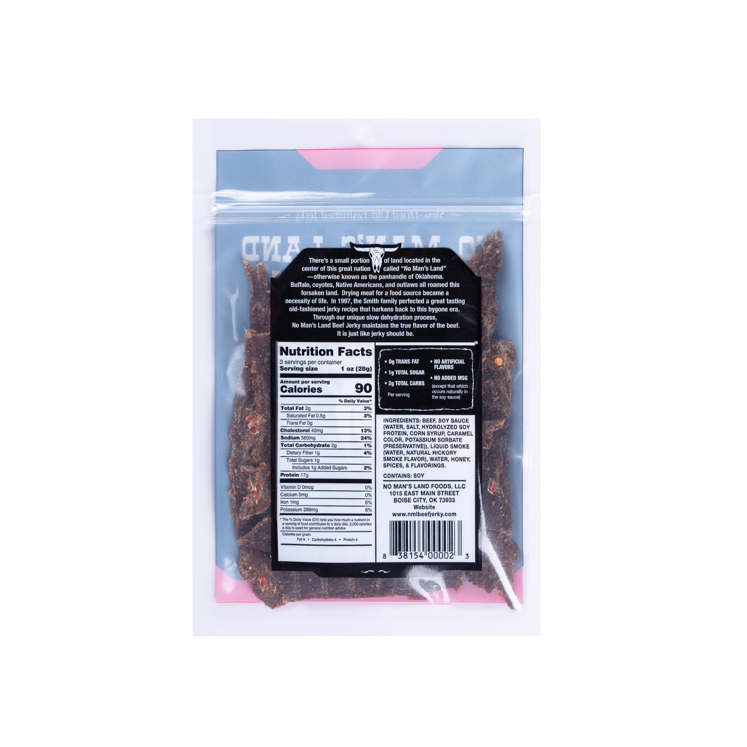 NO MANS LAND BEEF JERKY No Man’s Land HOT Beef Jerky High Protein Low Calorie Low Carb Beef Snack 3.0oz Bag