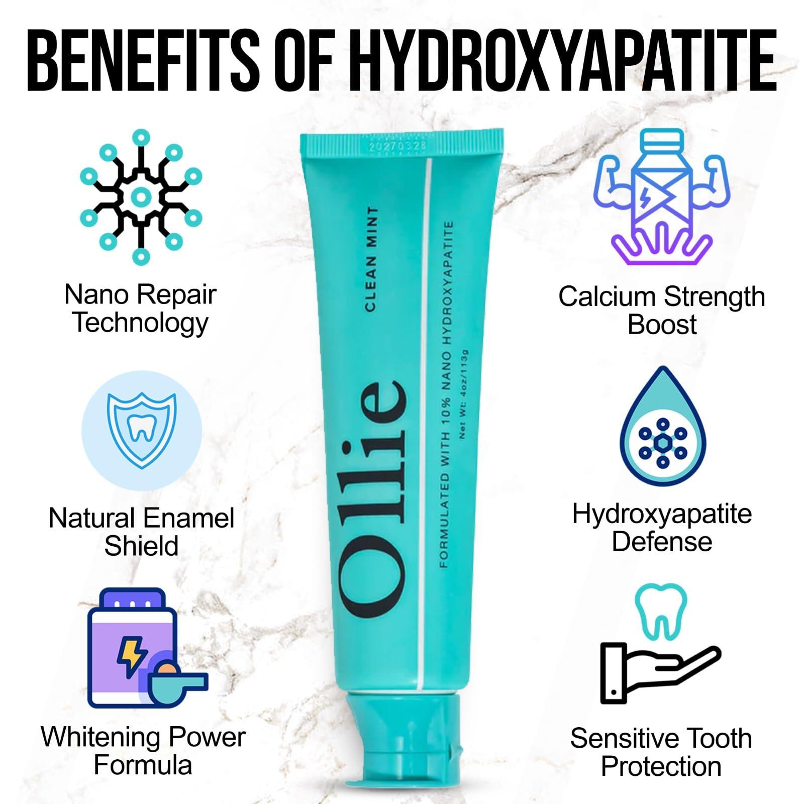 Ollie Ollie Clean Mint Nano Hydroxyapatite Toothpaste for Teeth Whitening, 10% Hydroxyapatite Formula, 4oz