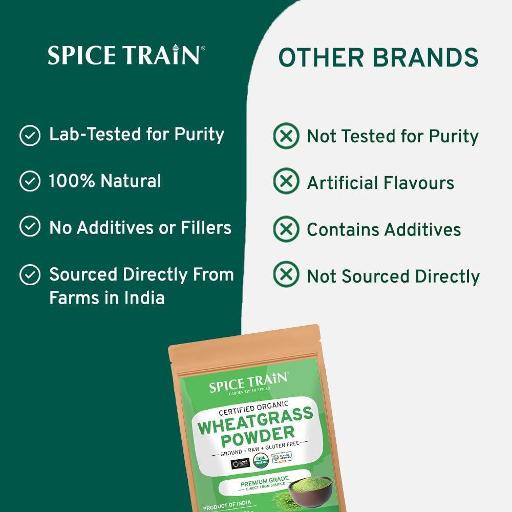 SPICE TRAIN USDA Organic Wheatgrass Powder (10oz) Rich Green Powder - Lab Tested | 100% Whole Leaf | Gluten Free, Non-GMO | No Sugar, No Artificial Ingredients | Resealable Ziplock Pouch