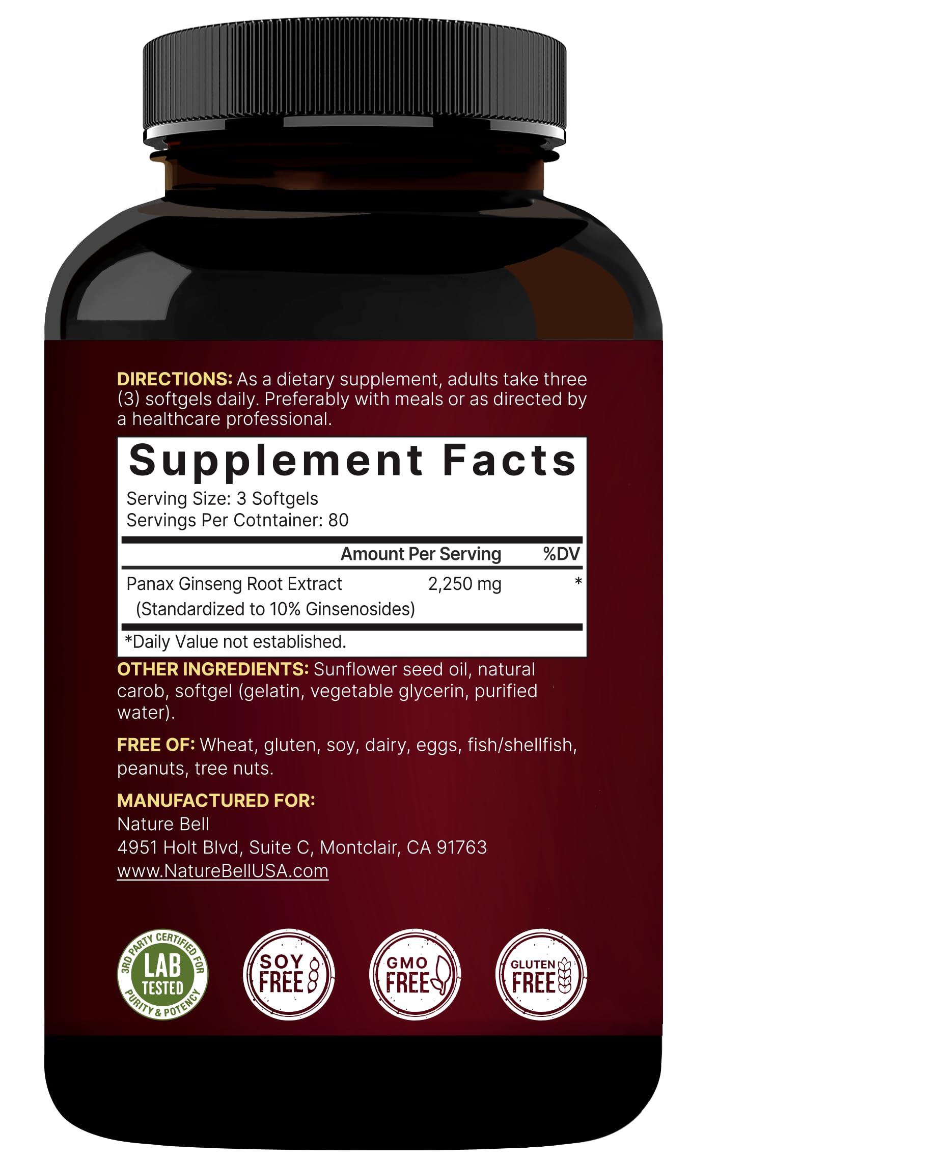 NatureBell NatureBell Korean Red Ginseng 2,250mg Per Serving, 240 Softgels | Panax Ginseng Root, Standardized to 10% Ginsenosides, Non-GMO, Support Energy, Male Performance, & Immune System