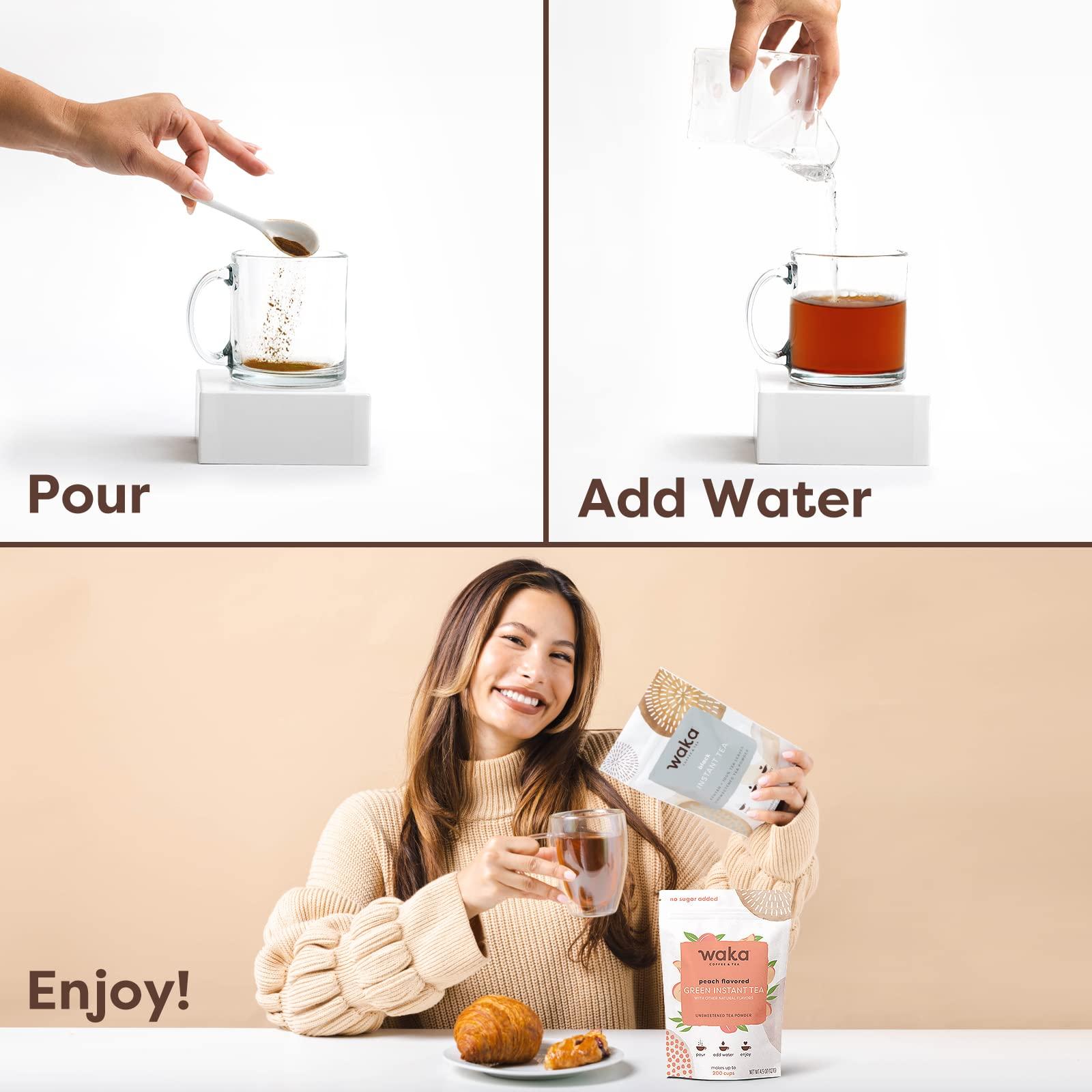 Waka Coffee Waka Instant Tea Mix, 2 Bag Bundle - 100% Tea Leaves, No Additives, Unsweetened Tea Powders - Kenyan Black, Peach Flavored Green (4.5oz Each)