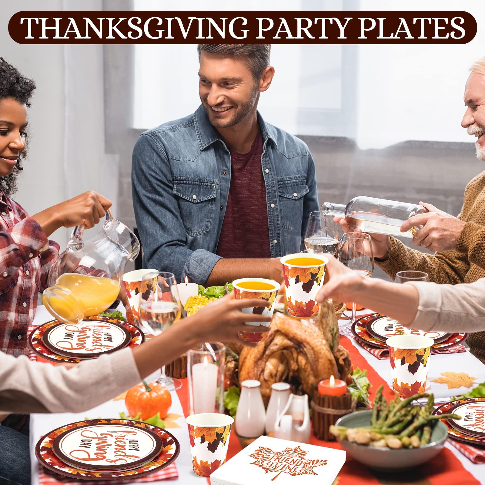 EPHYO 200 Friendsgiving Plates and Napkins Cups Serve 50, Happy Friendsgiving Decorations Party Supplies Thanksgiving Fall Leaves Autumn Disposable Paper Plates Luncheon Napkins Beverage Cups Dinnerware
