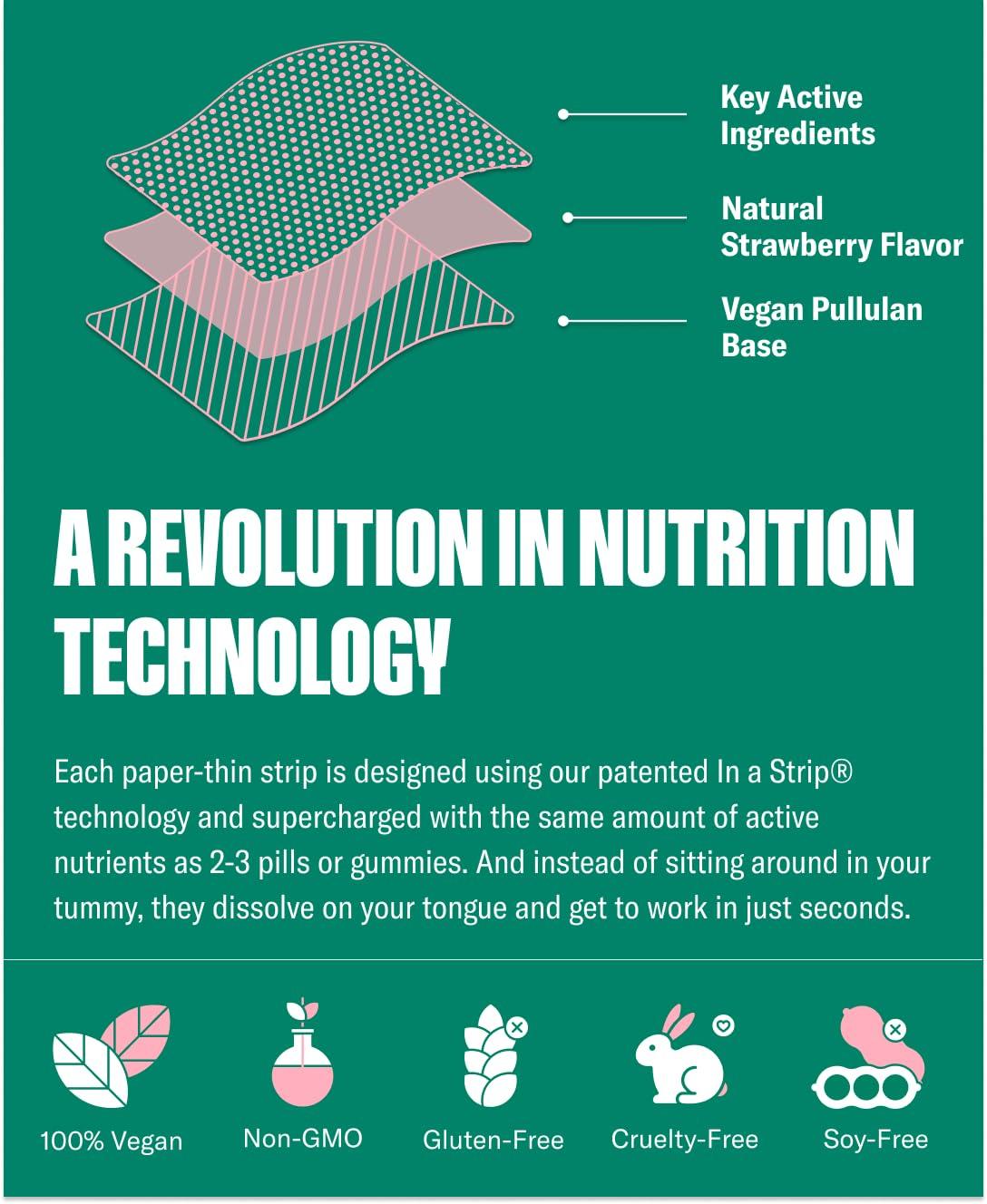 NuStrips NuStrips Beauty | Strawberry Flavored Oral Strips with Biotin, Folate and Vitamin E | Vitamins for Hair, Skin & Nails | Maximum Absorption, Fast Results | 30 Individually Wrapped Strips