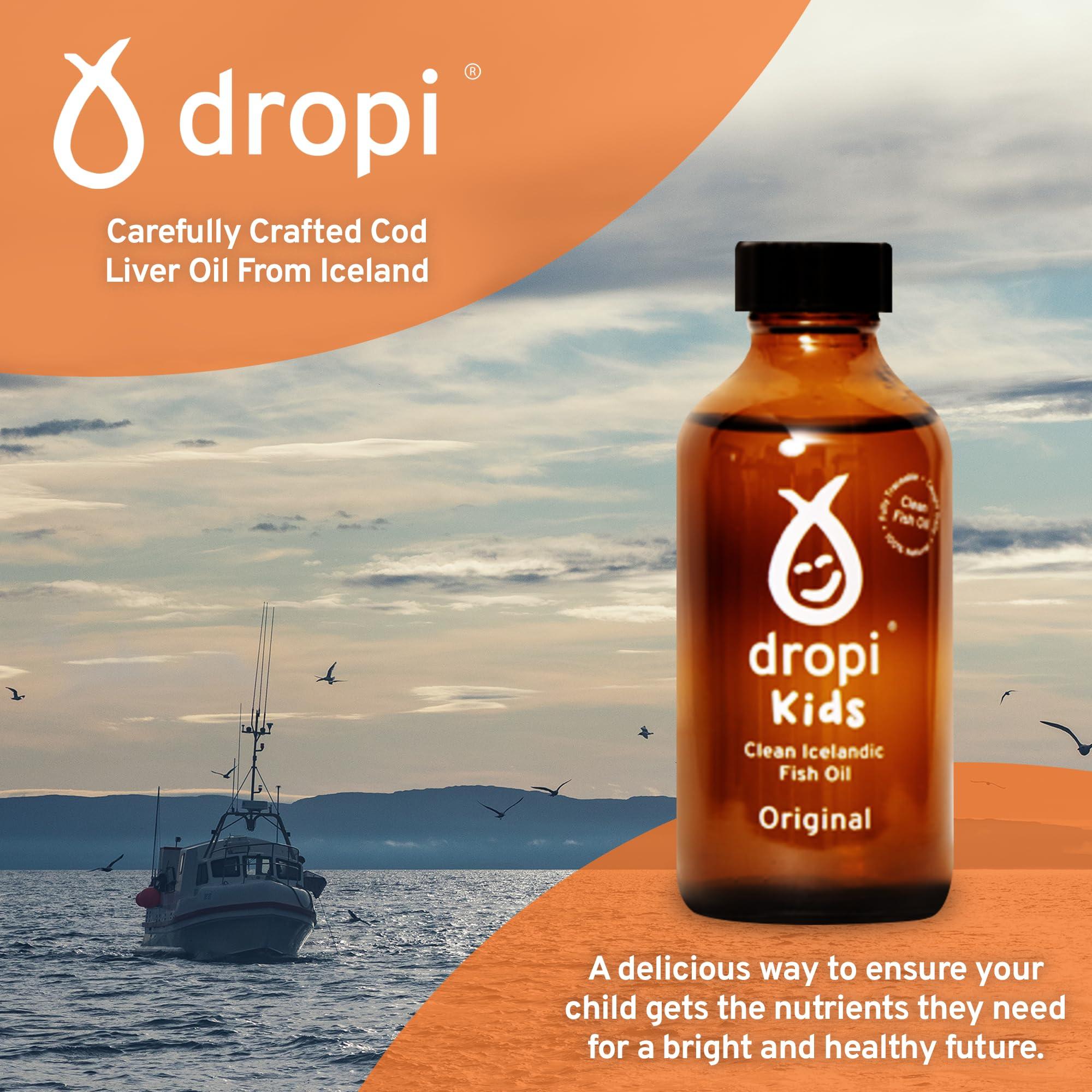 Dropi Dropi Kids Omega 3 Fish Oil Liquid - Maximum Strength Omega-3s EPA, DHA, Vitamin A & D - Extra Virgin Cod Liver Oil Food Supplement - Immune System, Brain Health & Joint Support - 3.7 Fl Oz