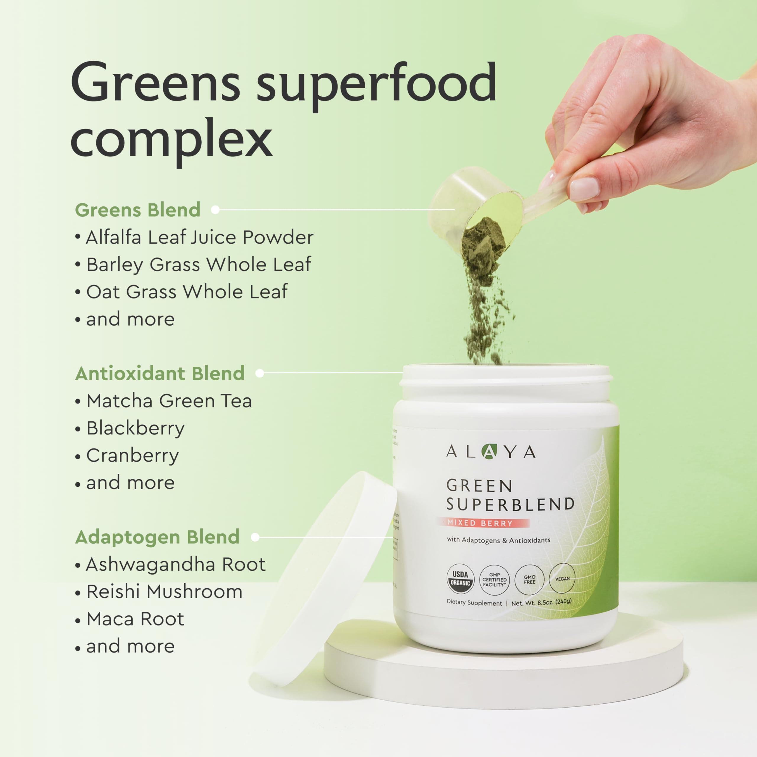 Alaya Naturals Alaya Organic Super Greens Powder - Premium Green Juice Superfood Supplement Powder - Adaptogens, Antioxidants & Probiotics Blend - USDA Organic, Non-GMO, Vegan - 30 Servings (Mixed Berry)