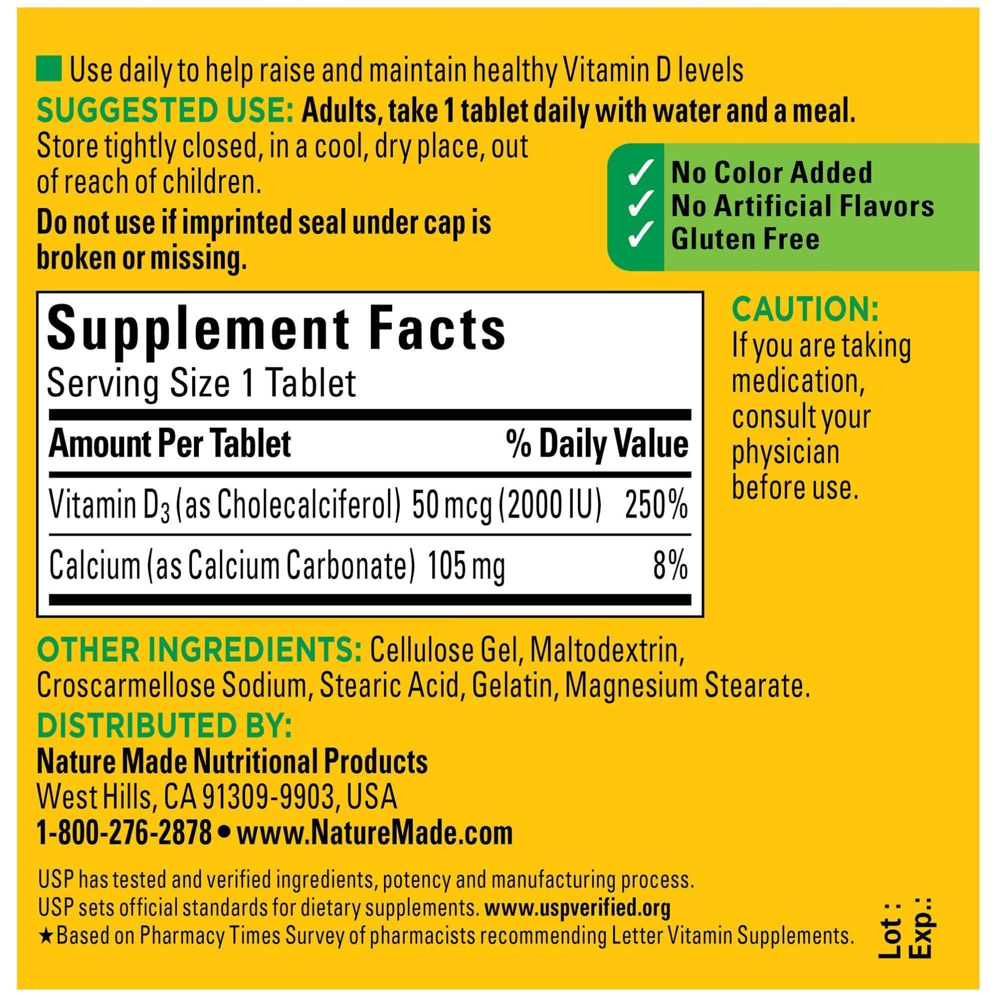 Nature Made Nature Made Vitamin D3, 100 Tablets - Vitamin D 2000 IU (50 mcg) Helps Support Immune Health - 100 Tablets.,