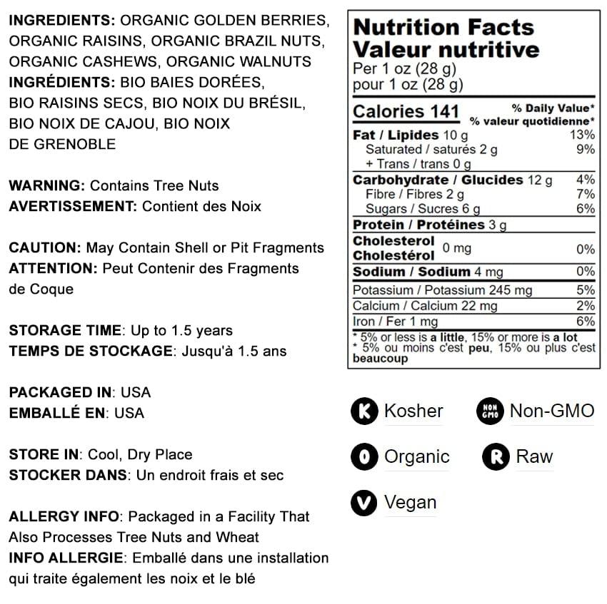 Food to Live Food to Live Organic Energy Trail Mix, 8 Ounces Non-GMO and Raw Nuts and Berries including Cashews, Golden Berries, Raisins, Walnuts, and Brazil Nuts. Non-Irradiated, Vegan Superfood, Bulk