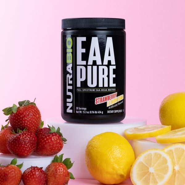 NutraBio NutraBio EAA Pure 9 Amino Acids Muscle Repair and Recovery, 30 Servings, Strawberry Lemon Bomb Pre or Post Workout All Day Recovery