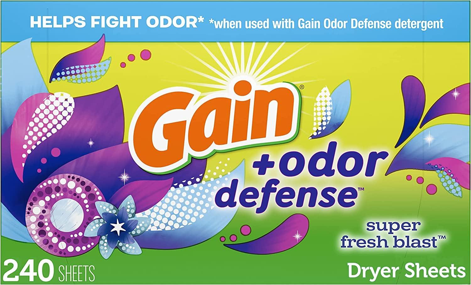 Gain Gain + Odor Defense Dryer Sheets, Super Fresh Blast Scent Fabric Softener Sheets, 240 ct
