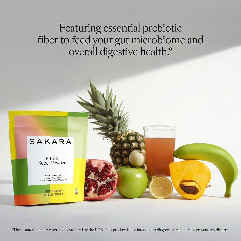 SAKARA SAKARA Fiber Super Powder - Pineapple Flavor Prebiotic Fiber Powder, High Fiber & Digestive Enzymes Organic Fiber Supplement Powder, Daily Fiber Drink, Acacia Fiber Powder