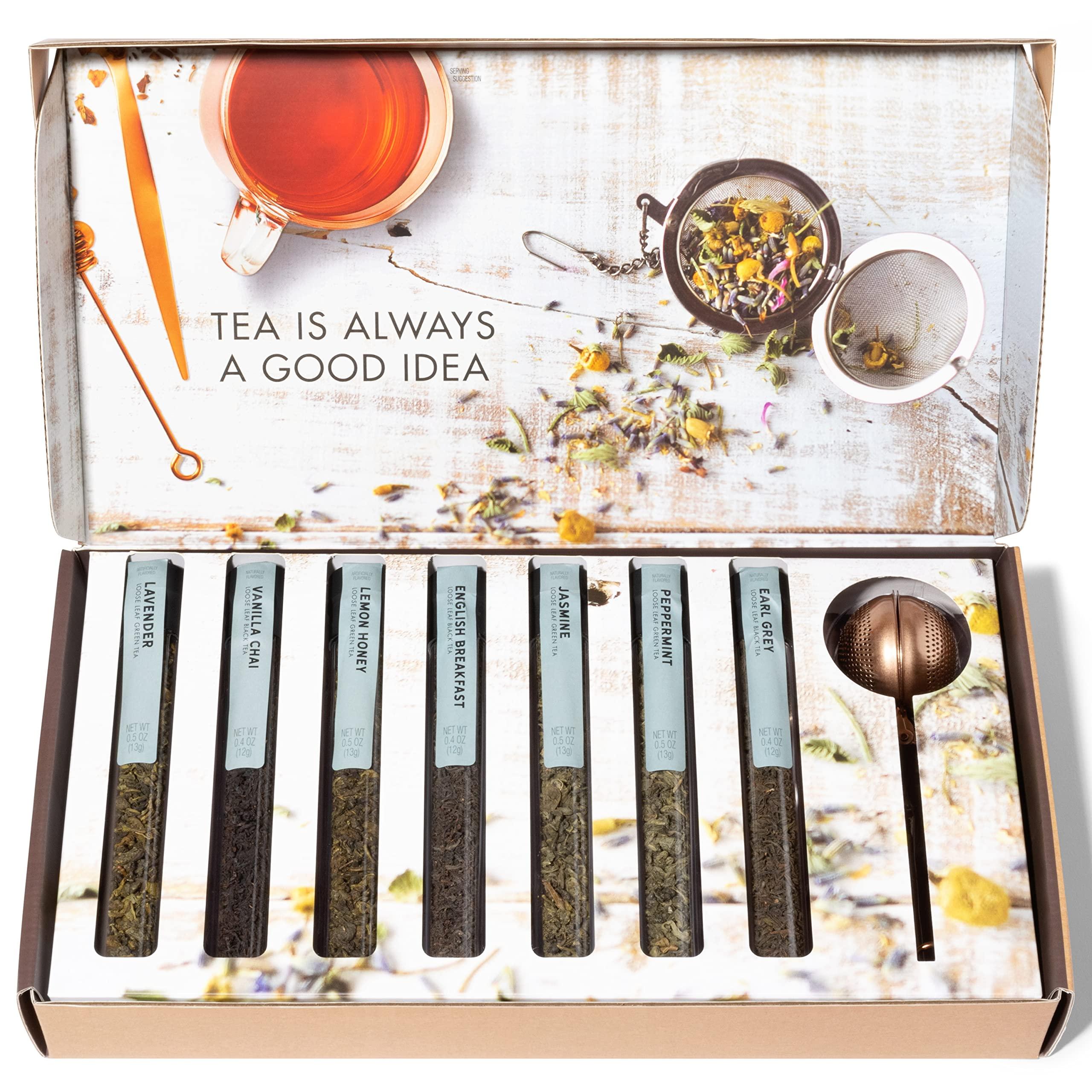 Thoughtfully Thoughtfully Gourmet, Tea Therapy Infusion Gift Set, 7 Unique Flavors and Reusable Copper Ball Infuser, Loose Leaf Tea Set Flavors Include Peppermint, Jasmine, Vanilla Chai and More, Set of 7