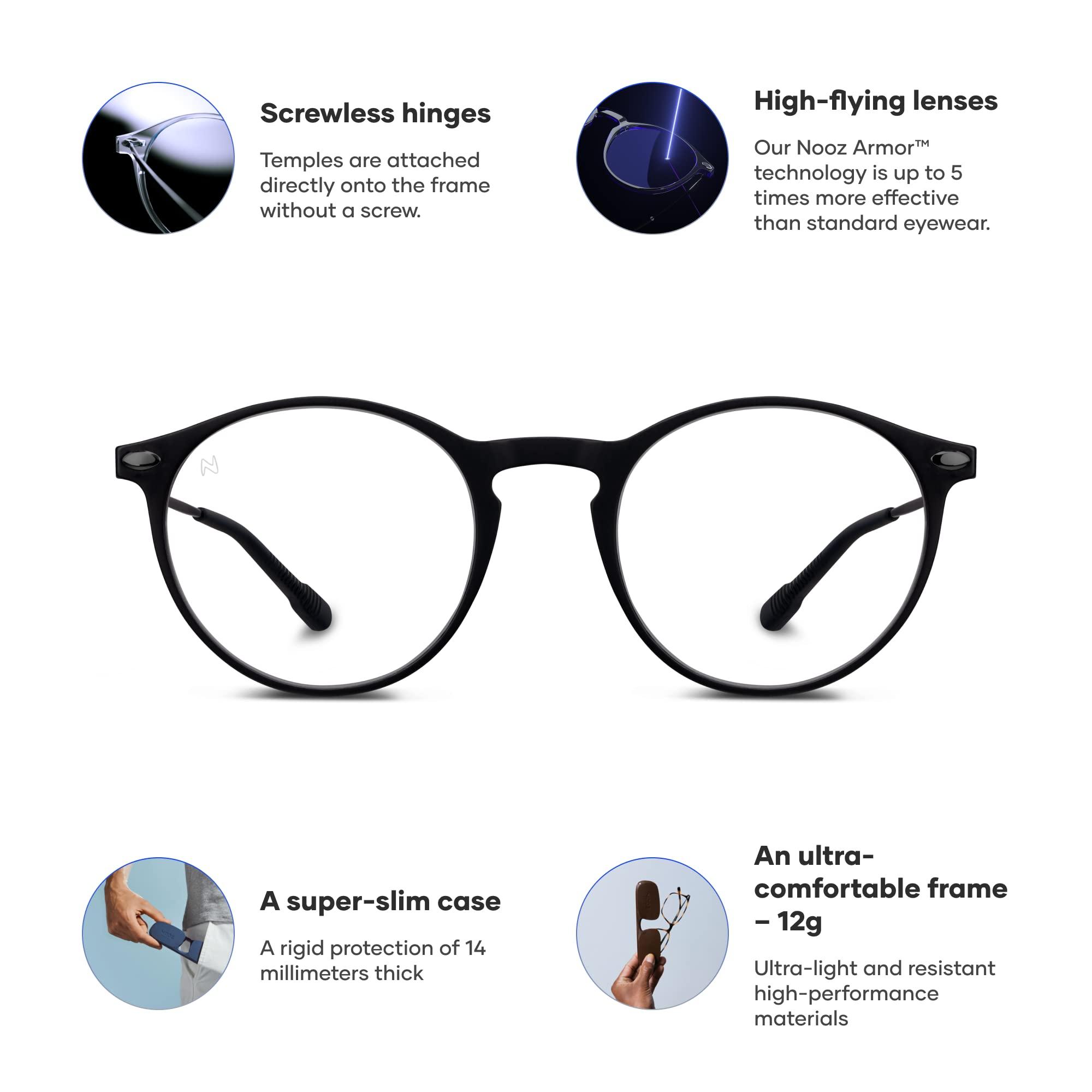 NOOZ NOOZ Optics Anti Blue Light Glasses - Lightweight Glasses Without Correction for Women & Men with Compact Case Cruz Round