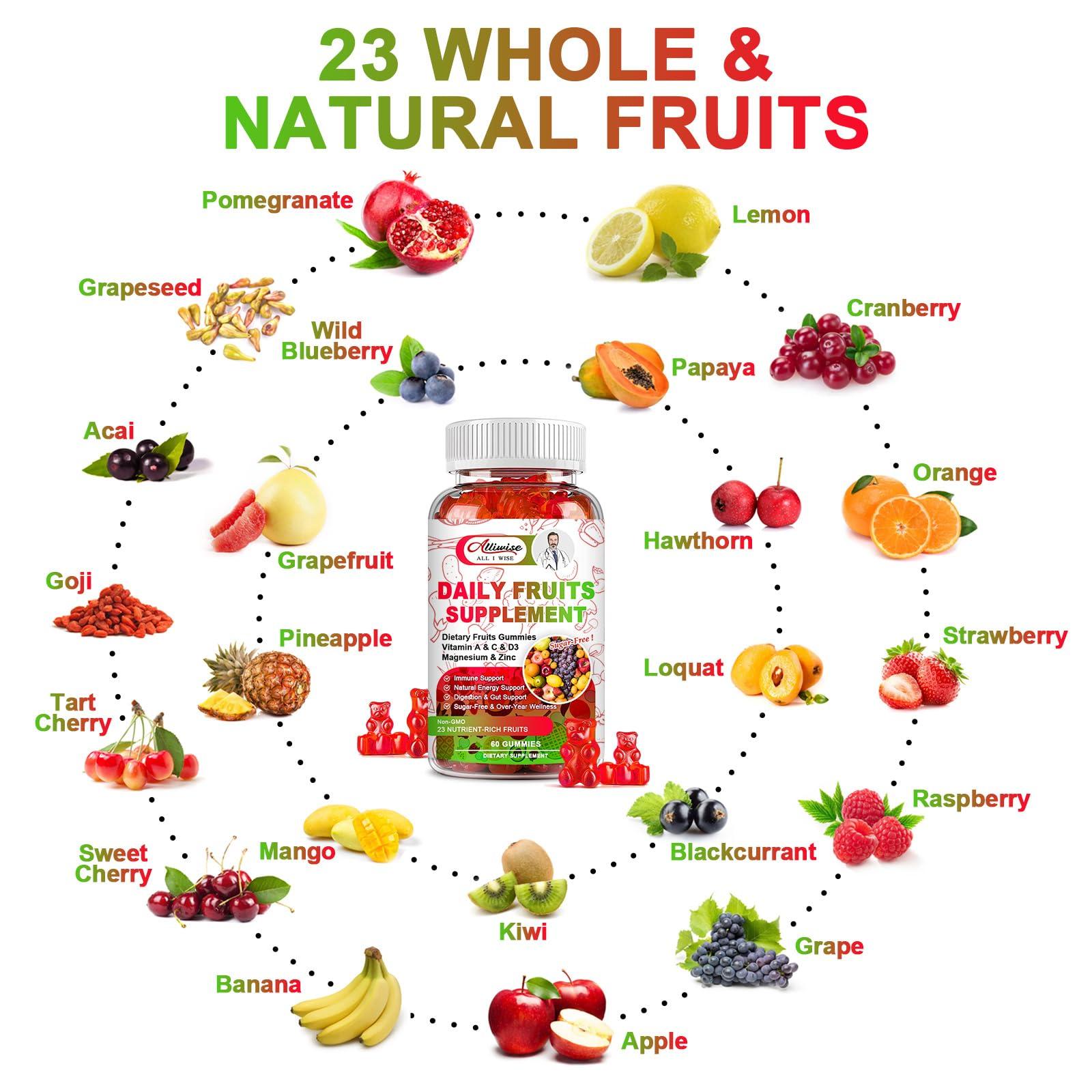Alliwise Sugar-Free Fruits and Veggies Gummies Supplement, Multi-Vitamins & Minerals in Gummies, Natural Fruits and Vegetables Supplement, Immunity & Antioxidant & Energy Supplements for Women & Men