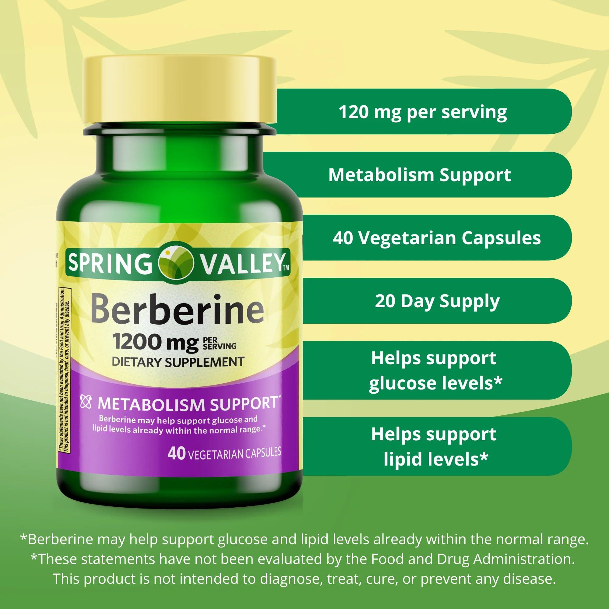 Generic Spring Valley Berberine Dietary Supplement - Metabolism Support - 1200mg Capsules, 40ct