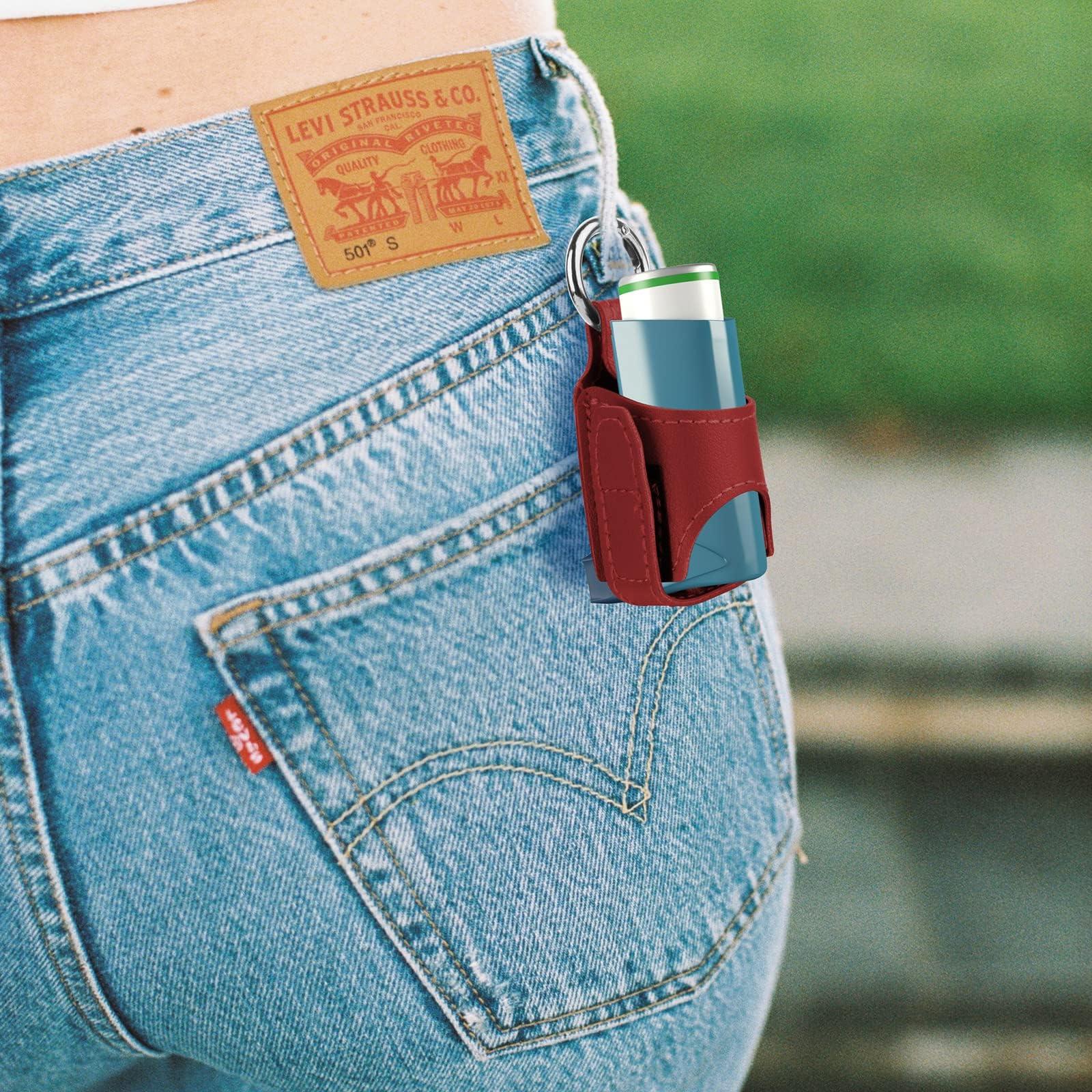 Beautyflier Beautyflier 2PCS Asthma Inhaler Holder Keychain PU Leather Travel Handy Holder for Adults and Kids, Inhaler Not Included (Black + Scarlet)