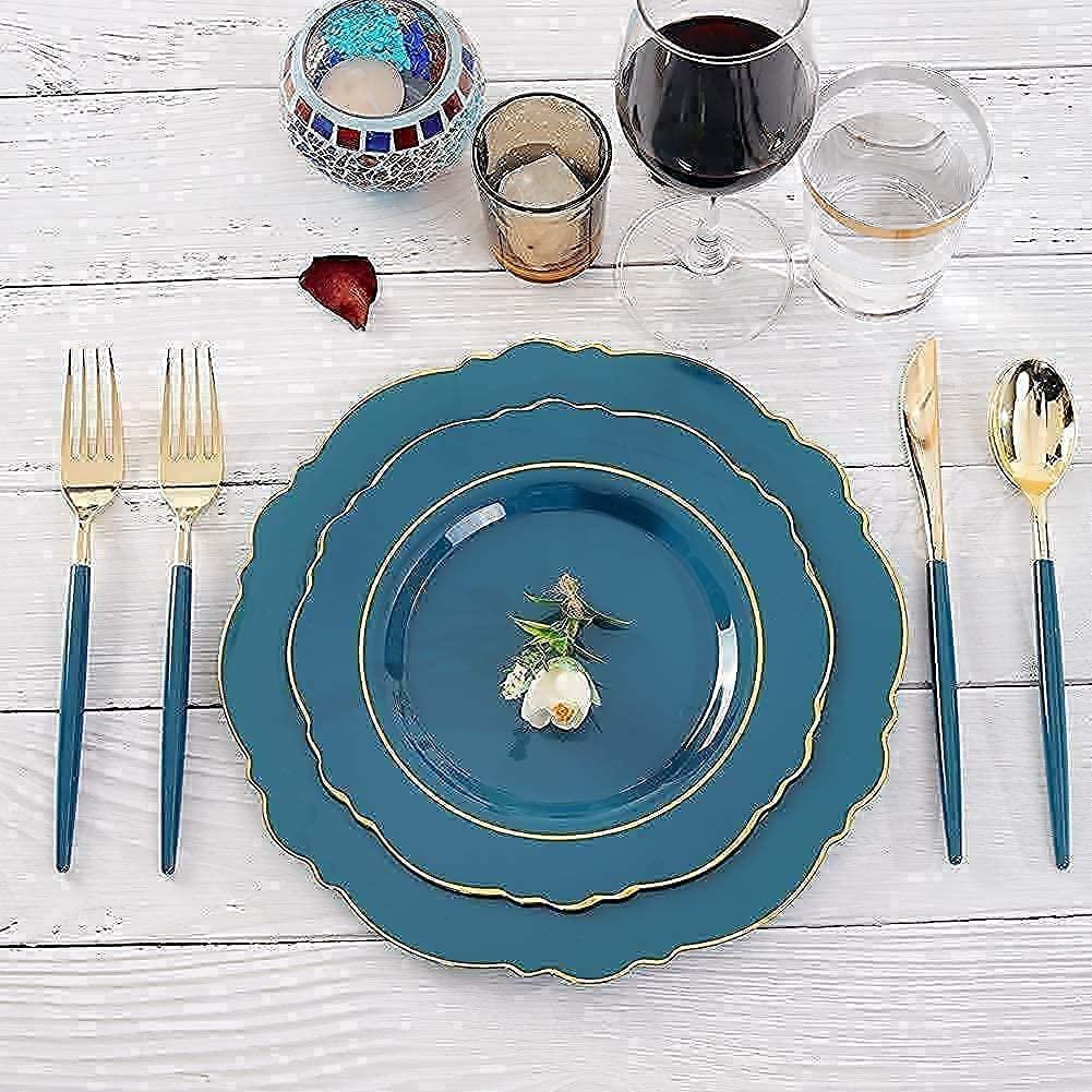 Nervure Nervure 100PCS Blue Plastic Plates With Gold Rim&Gold Disposable Silverware with Blue Handle Purple Plastic Plates 100 Packed&Gold Plastic Silverware with Purple Handle