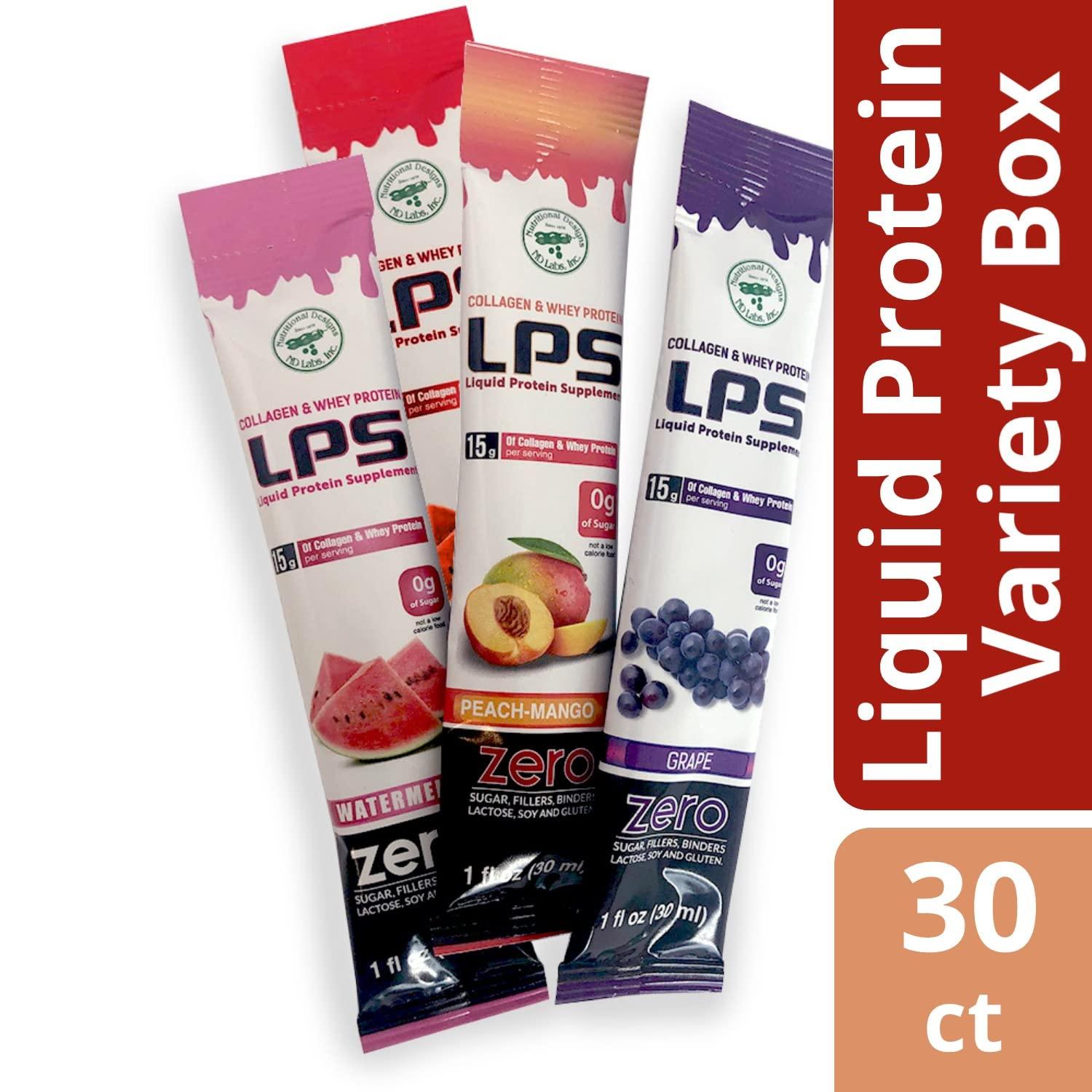 NUTRITIONAL DESIGNS ND LABS, INC SINCE 1986 Nutritional Designs LPS Liquid Collagen & Whey Protein Supplement - Non-GMO Drink, Sugar-Free - Promotes Healthy Skin & Hair for Men & Women, Single Serve (Variety Box, 30)
