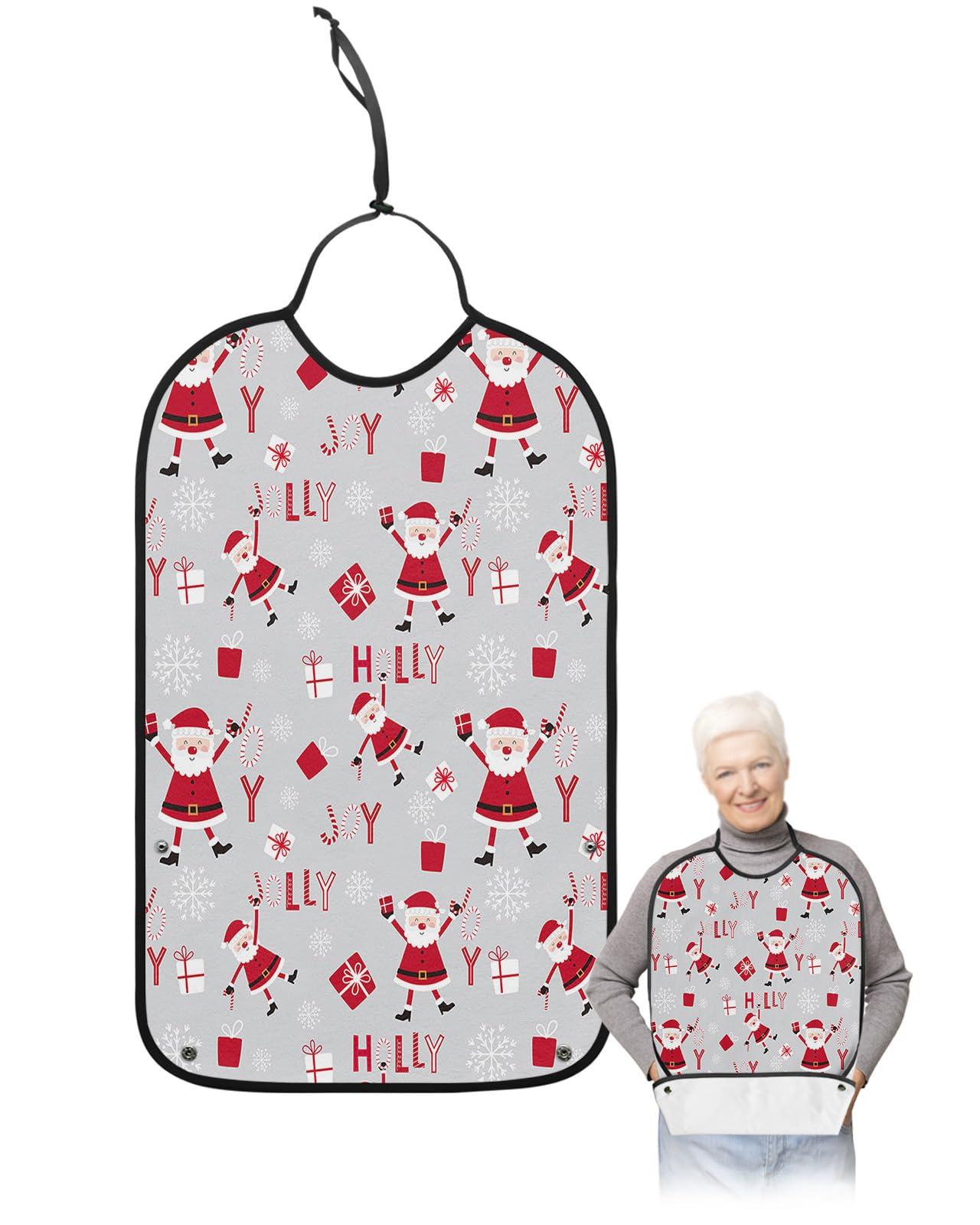 Sabolny Christmas Adult Bib for Eating with Crumb Catcher,Washable & Waterproof Terry Cloth Adjustable Elderly Women Men Adult Bibs Funny Clothing Protector Santa Snowflake Winter Xmas Gift Grey Red White