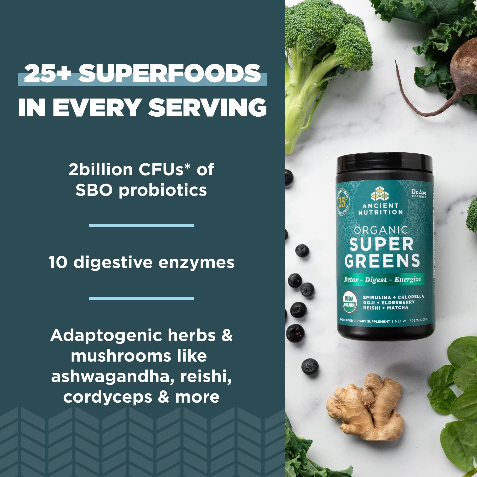 Ancient Nutrition Super Greens Powder by Ancient Nutrition, Organic Superfood Powder with Probiotics Made with Spirulina, Chlorella, Matcha, and Digestive Enzymes, 25 Servings, 7.5oz