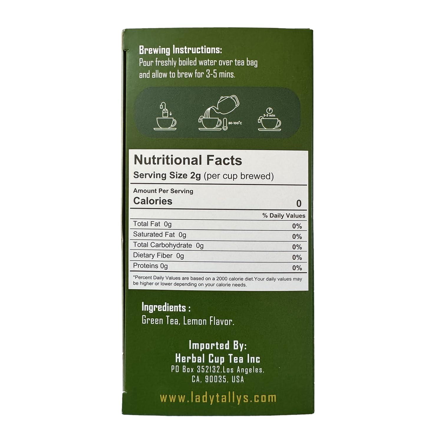 Herbal Cup Herbal Cup Tea - Lady Tallys Green Tea Lemon, Rich Flavor and Aroma for Daily Indulgence, Caffeinated, Enjoy Hot Cold Summer Winter, 20 Teabags (Pack of 1)