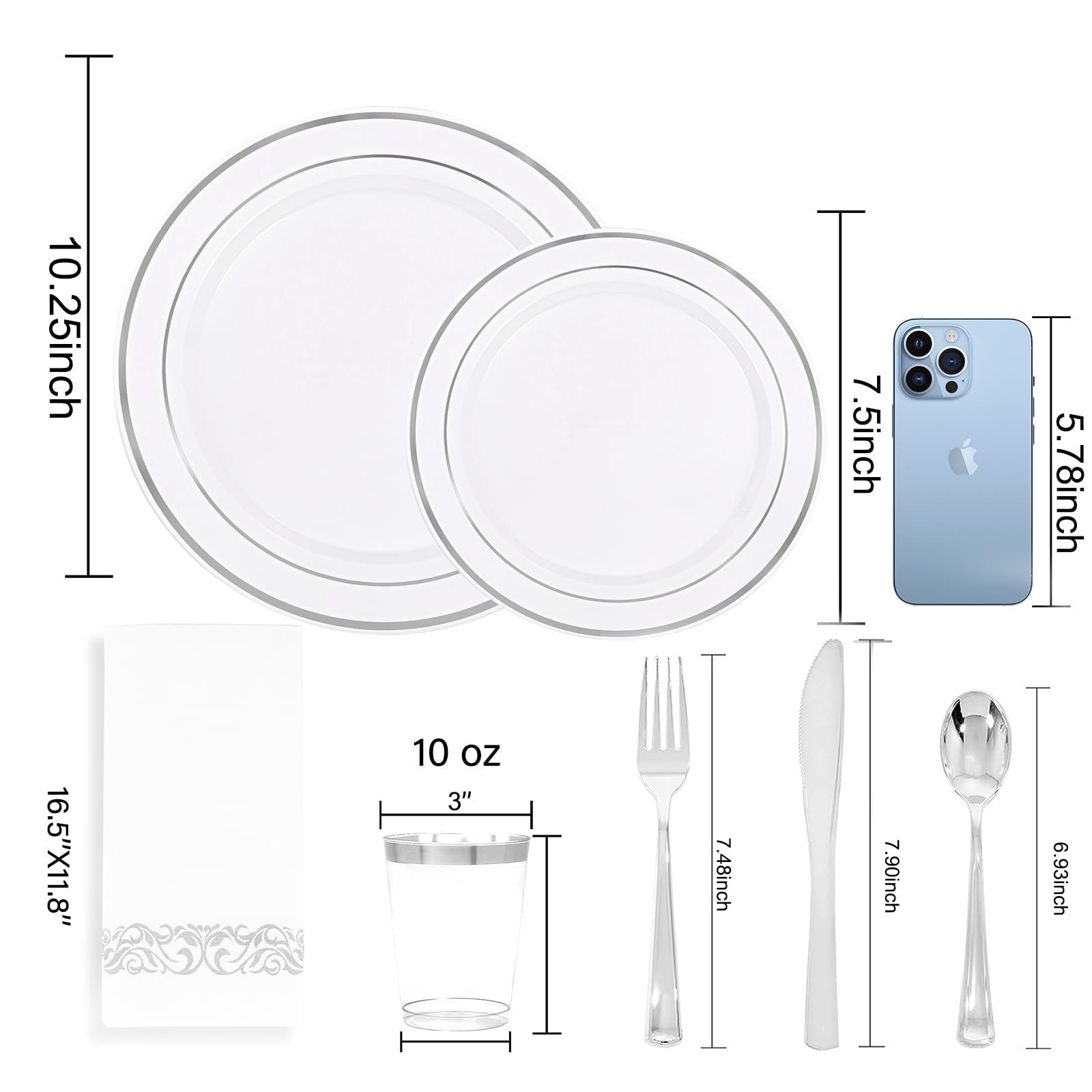 WDF Partyware WDF Partyware 350 Pcs Silver Plastic Plates - Silver Dinnerware Set of 50 Dinner Plates 50 Dessert Plates 50 Silverware 50 Napkins 50 Cups for Party&Wedding