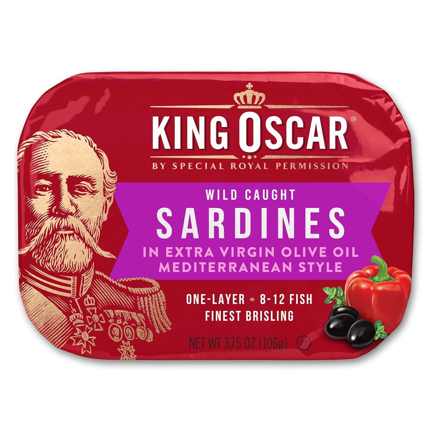 King Oscar King Oscar Premium Sardines in Extra Virgin Olive Oil, Mediterranean Style, 3.75 Ounce Cans (Pack of 12), Wild Caught Sardines
