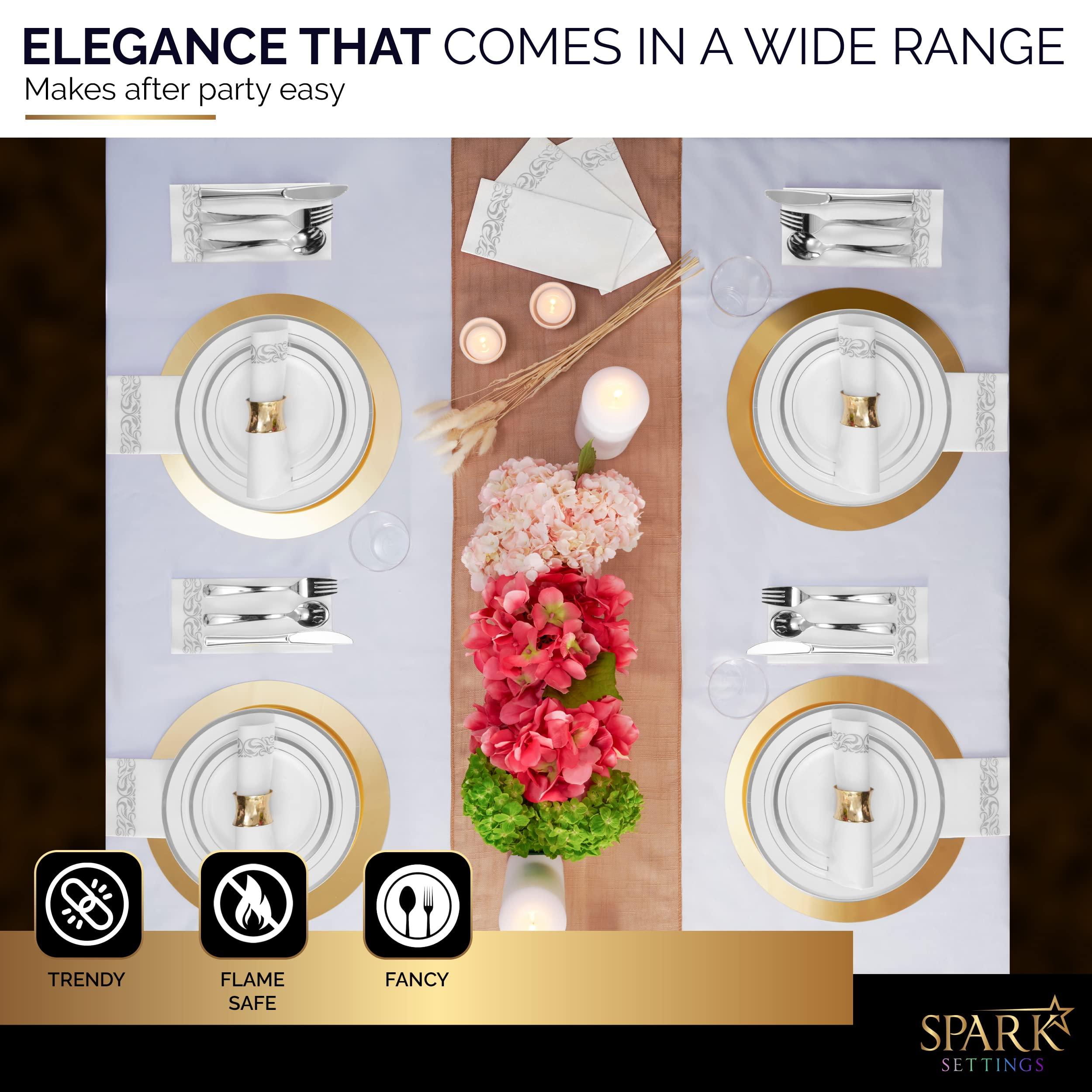 SparkSettings Silver Plastic Plates For Party - Silver Plastic Silverware - 350 PC Wedding Dinnerware Set For 50 Guests,100 Silver Plastic Party Plates, 50 Cups, 50 Silver Cutlery Sets & 50 Napkins-By SparkSettings