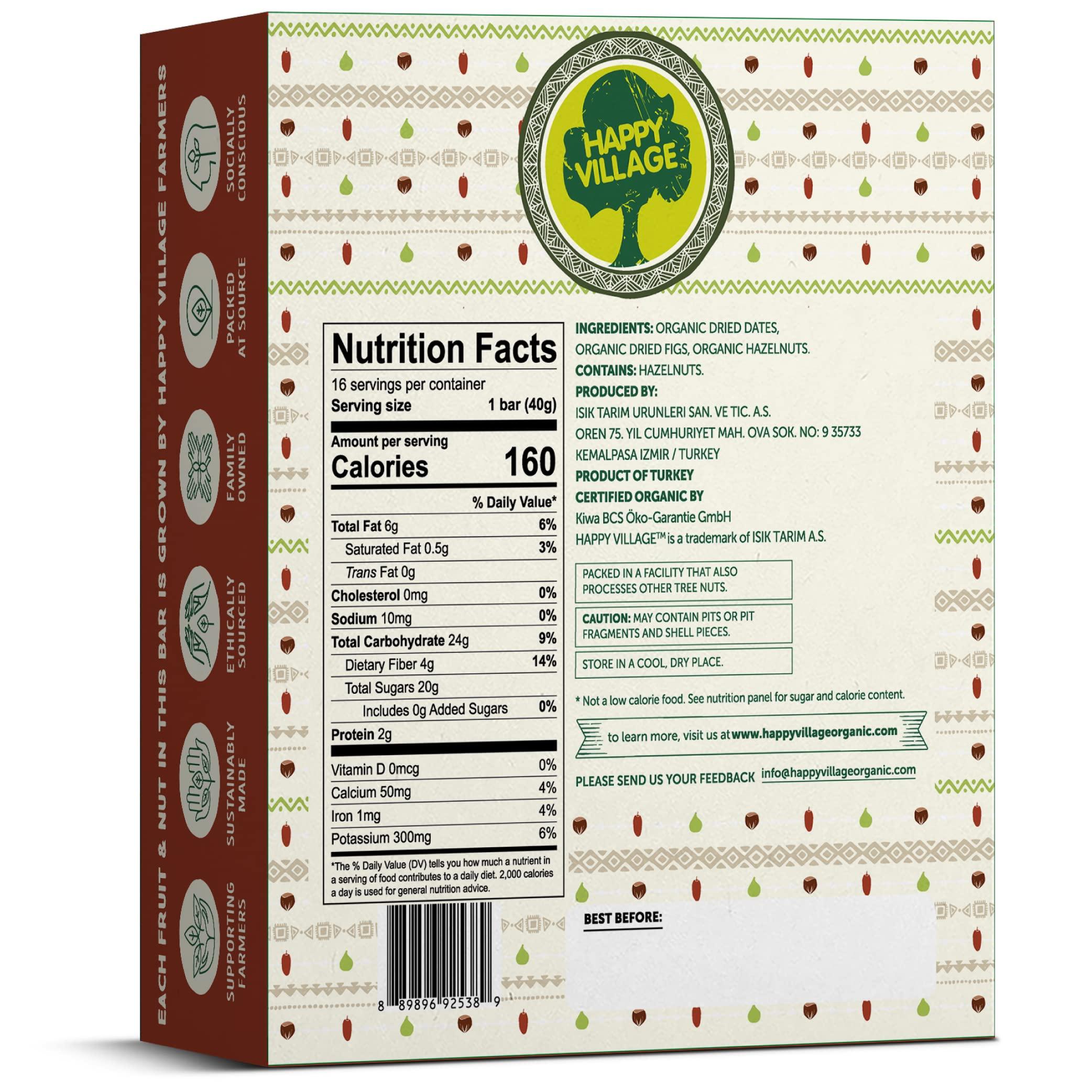 Happy Village Happy Village Organic Fig & Nut Bars, DATE | Only 3 Ingredients, Gluten Free, No Added Sugar, Kosher, Non-GMO, Vegan, Good Source of Fiber | Organic Healthy Snack Bars (16 bars, 1.4 OZ each)