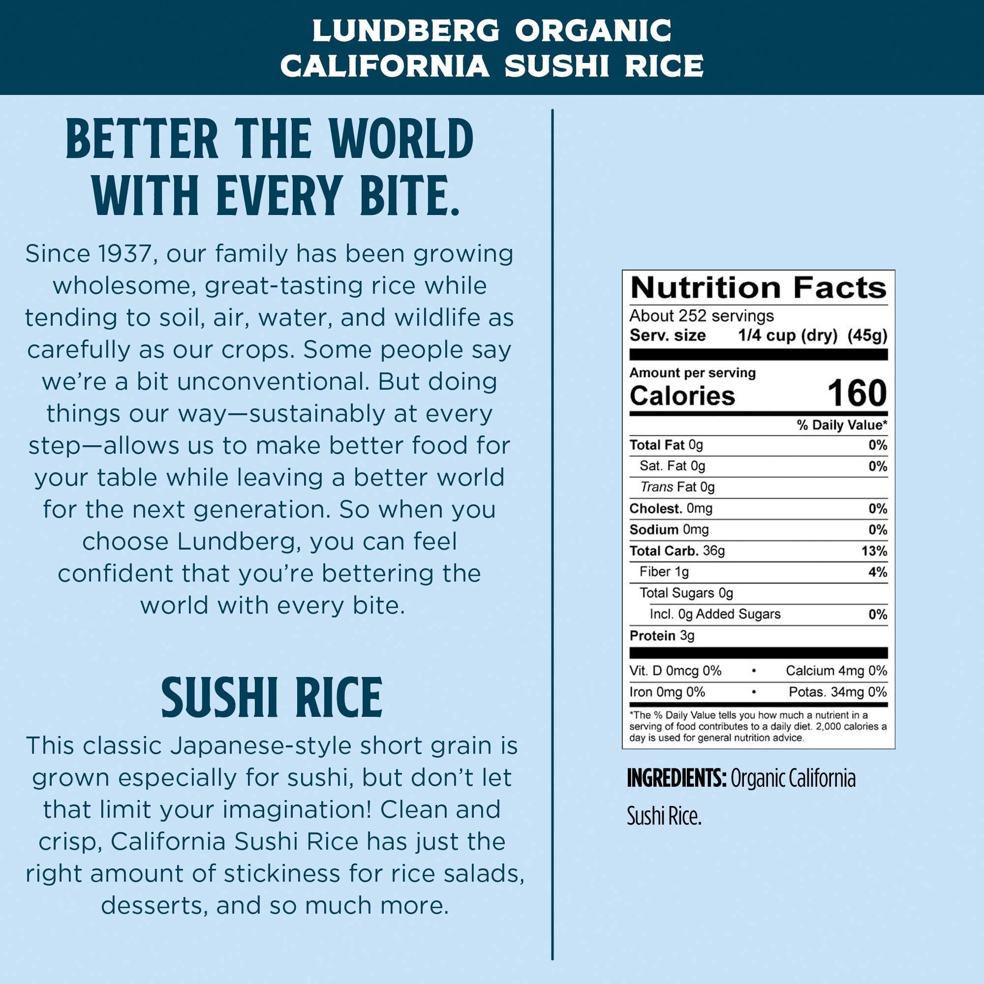 Lundberg Lundberg Organic California Sushi Rice - Short Grain Rice, White Japanese-Style Sticky Rice for Perfect Sushi Rolls, Rice Bowls, and Mochi, Bulk Rice, 25 Lbs