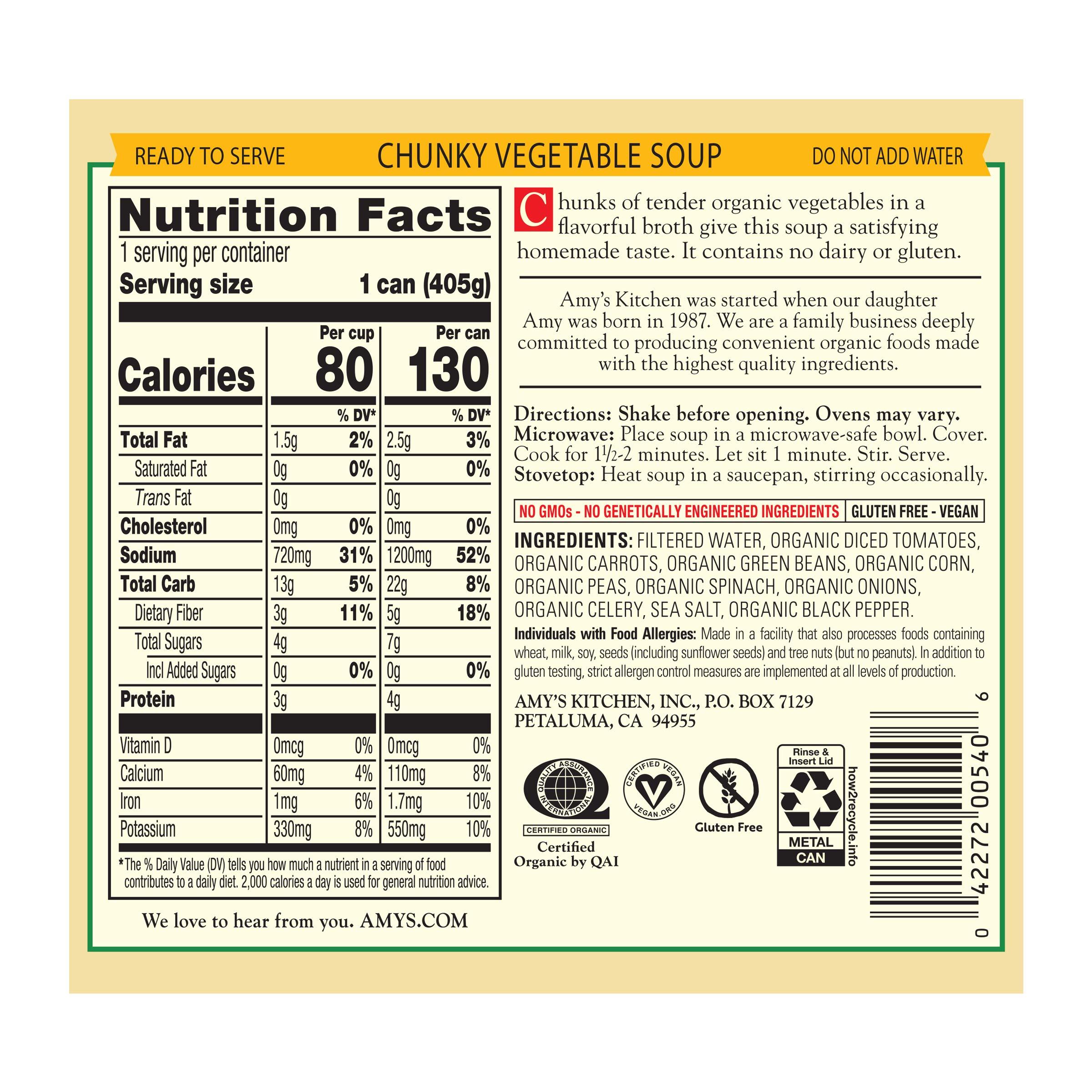 Amy\'s Amys Soup, Vegan Chunky Vegetable Soup, Gluten Free, Made with Organic Vegetables, Canned Soup, 14.3 Oz