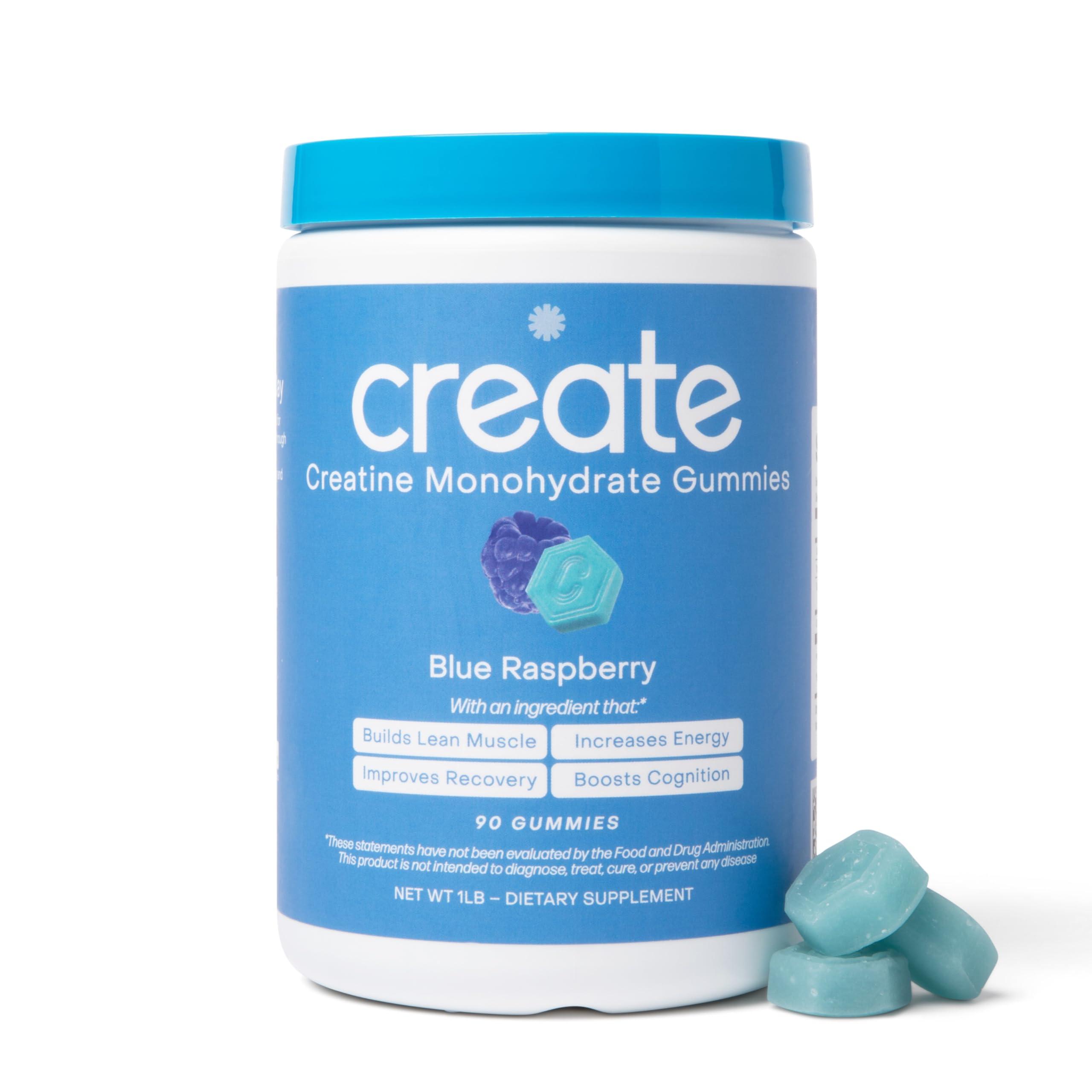 Create Create Creatine Monohydrate Gummies for Men & Women, Boost Focus, Strength, and Endurance, Anti-Melting Formula, Vegan, Gluten-Free, Non-GMO, 1.5g of Creatine per Gummy (Blue Raspberry, 90ct)