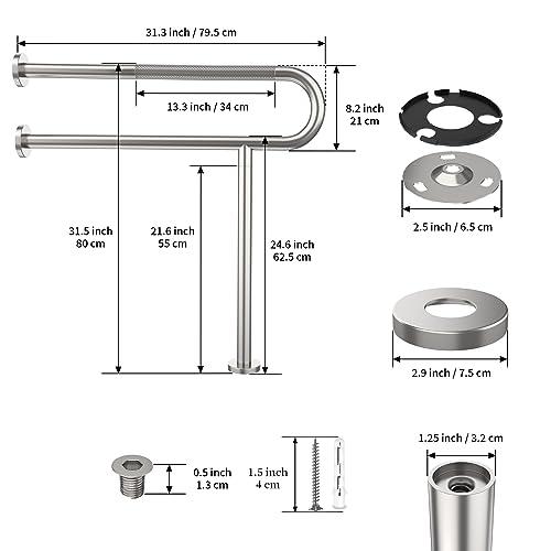 Munzong Toilet Support Rail 31.3X 31.5 Inch, Munzong Anti-Slip Satin Brushed Nickel Handicap Grab Bar for Bathroom, Stainless Steel Knurled Safety handrails with Leg for Elderly Disabled Pregnant-1.25Tube