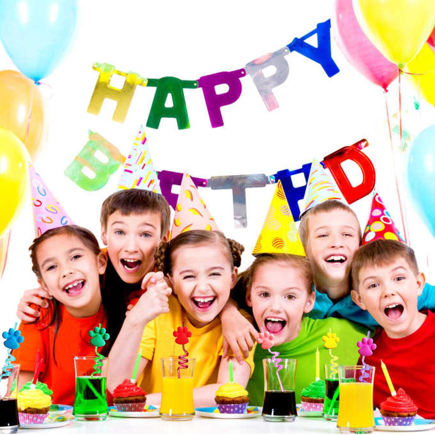 DFCROMI Paw Straws Birthday Party Decorations Supplies, 24pcs Paw Print Patrol Reusable Plastic Fun Cute Crazy Silly Drinking Straws+2pcs Cleaning Brush for Pet Dog Puppy Pals Cat Birthday Suppliers Favors