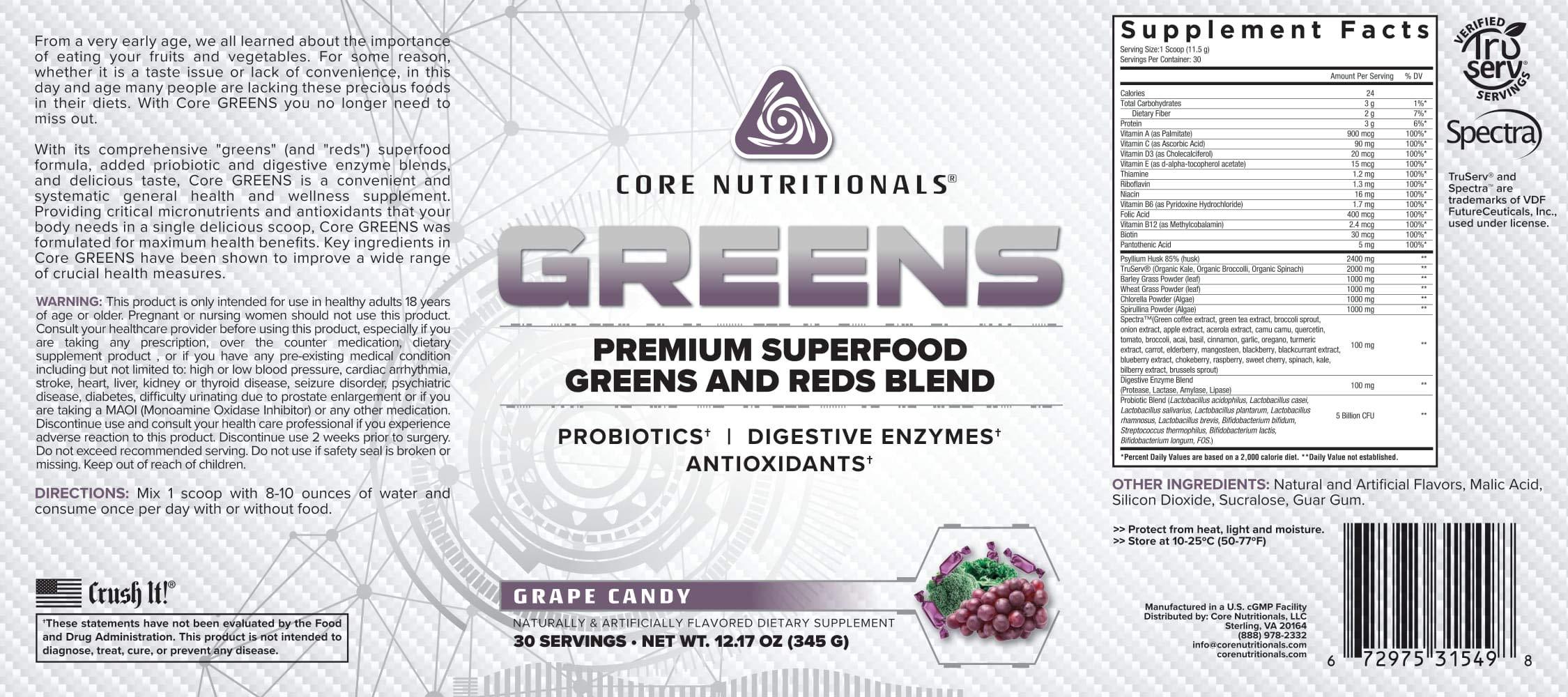 Core Nutritionals Core Nutritionals Greens Platinum Premium Superfood Greens and Reds Blend, Supports Digestion and Gut Health, 5 Billion CFU Probiotic,30 Servings (Grape Candy)