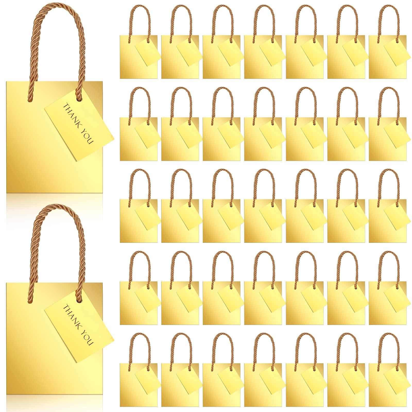 Nuanchu Nuanchu 50 Pcs Mini Gift Bags Bulk, 4 x 2.75 x 4.5 Inch Paper Bags with Gift Tags, Extra Small Metallic Paper Totes with Handles for Birthday Weddings Baby Showers Party Favors Gifts (Gold)