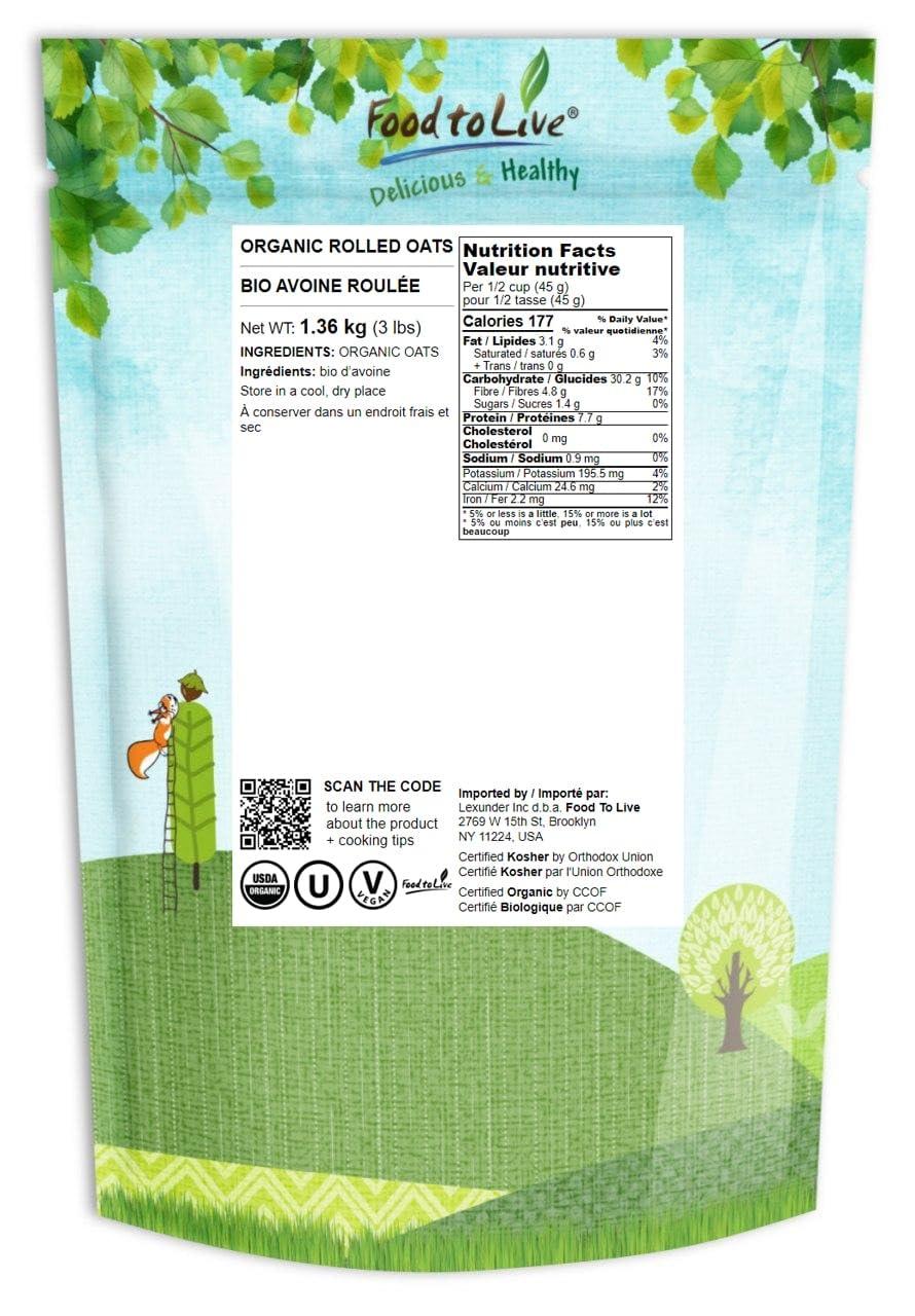 Food to Live Food to Live Organic Rolled Oats, 3 Pounds Old-Fashioned, 100% Whole Grain, Non-GMO, Raw, Kosher, Bulk Oats. Perfect for Morning Oatmeal and Overnight Oats